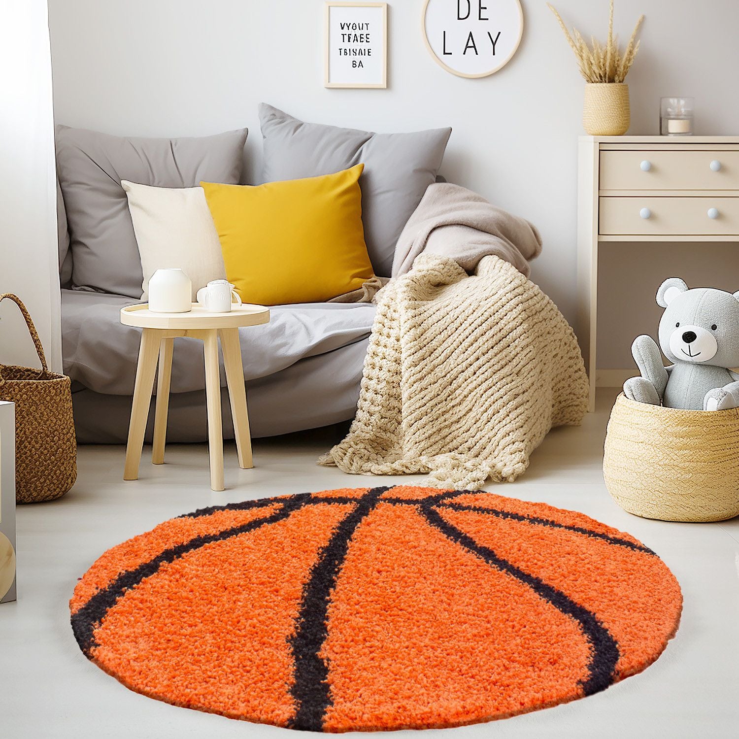 Kinderteppiche, Basketball Design, Farbe Orange, Teppich für Kinderzimmer, Rücken aus Jute