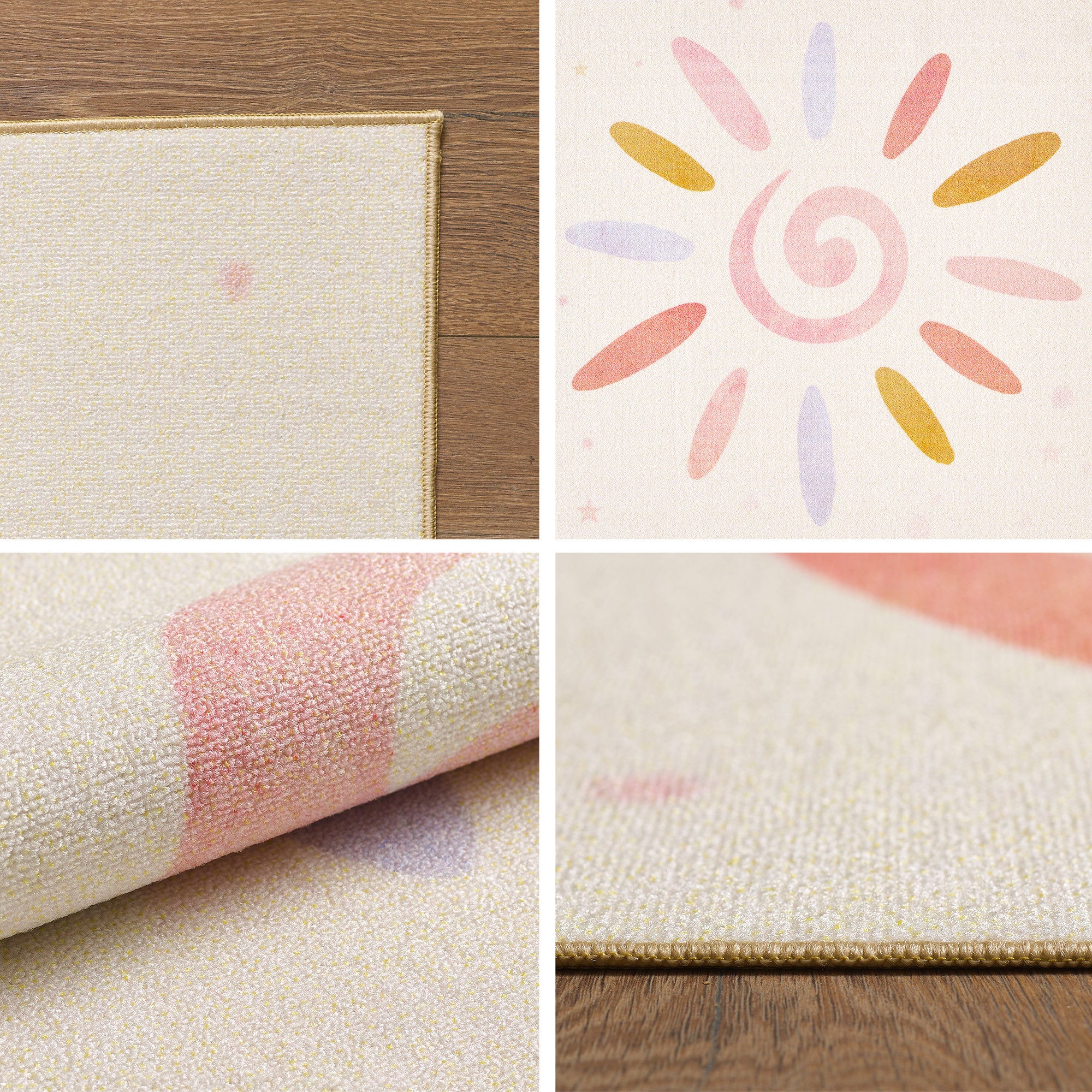 Kinderteppiche, Floral-Sonne, Farbe Creme, Teppich für Kinderzimmer, Rücken aus Latex