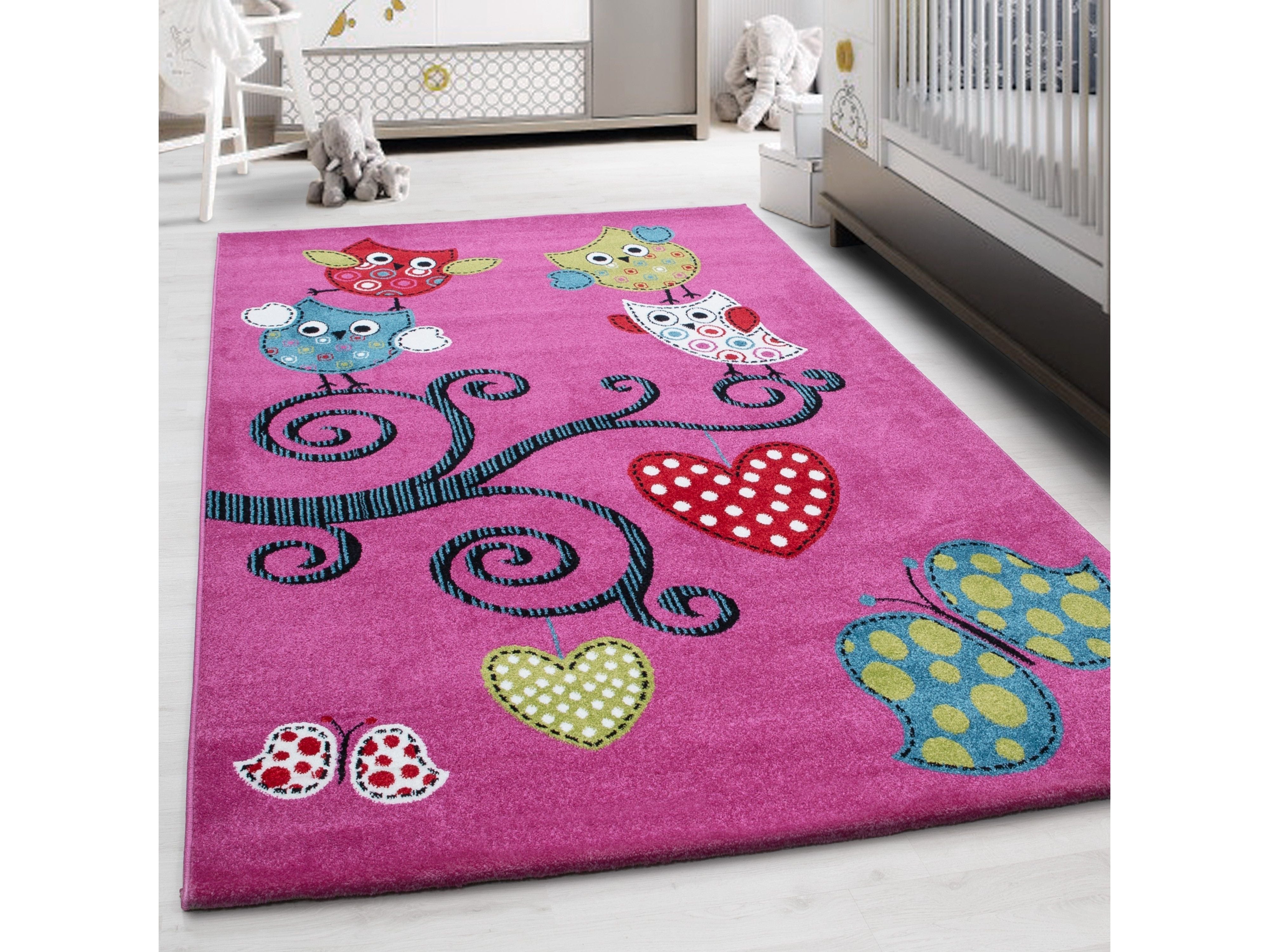 Kinderteppich Kinderzimmer Eulen Schmetterling Herz Muster Pink Gruen Blau Rot