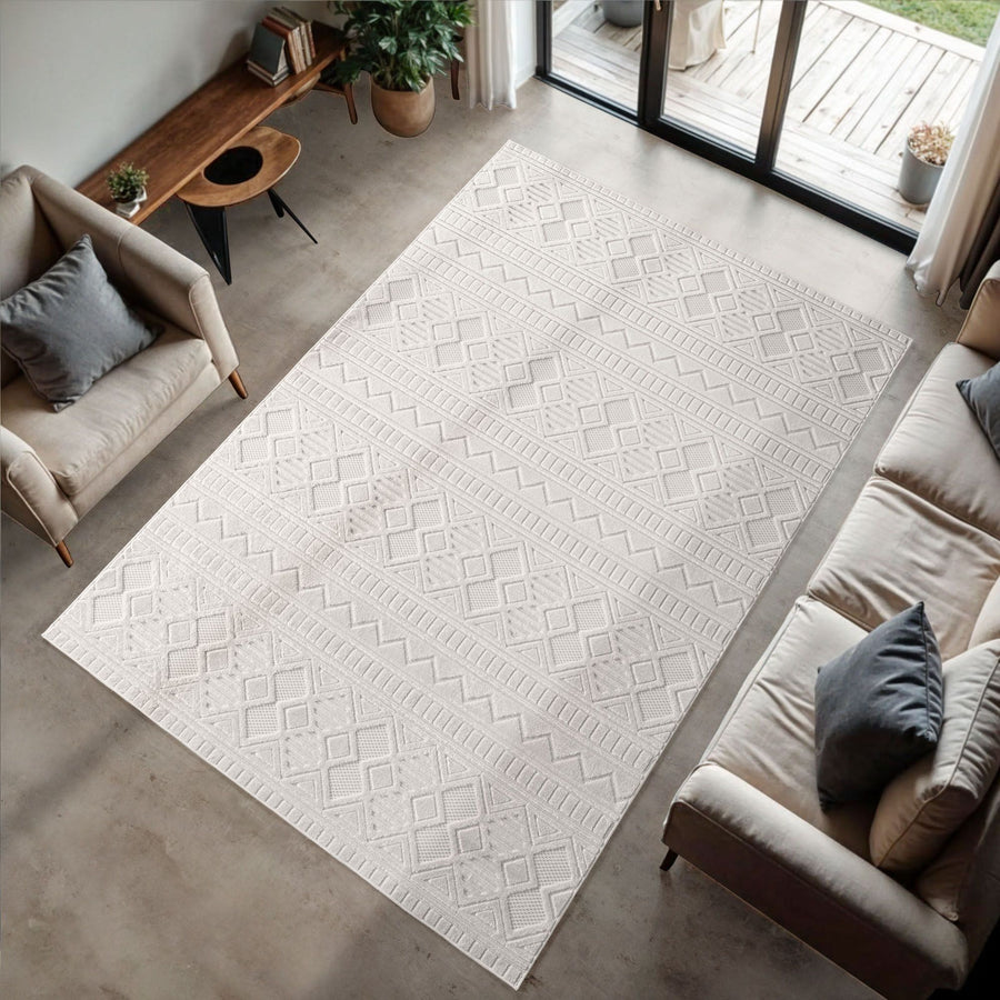 Short-pile rug, 3D design, cream color, living room rug, fibrillated yarn backing