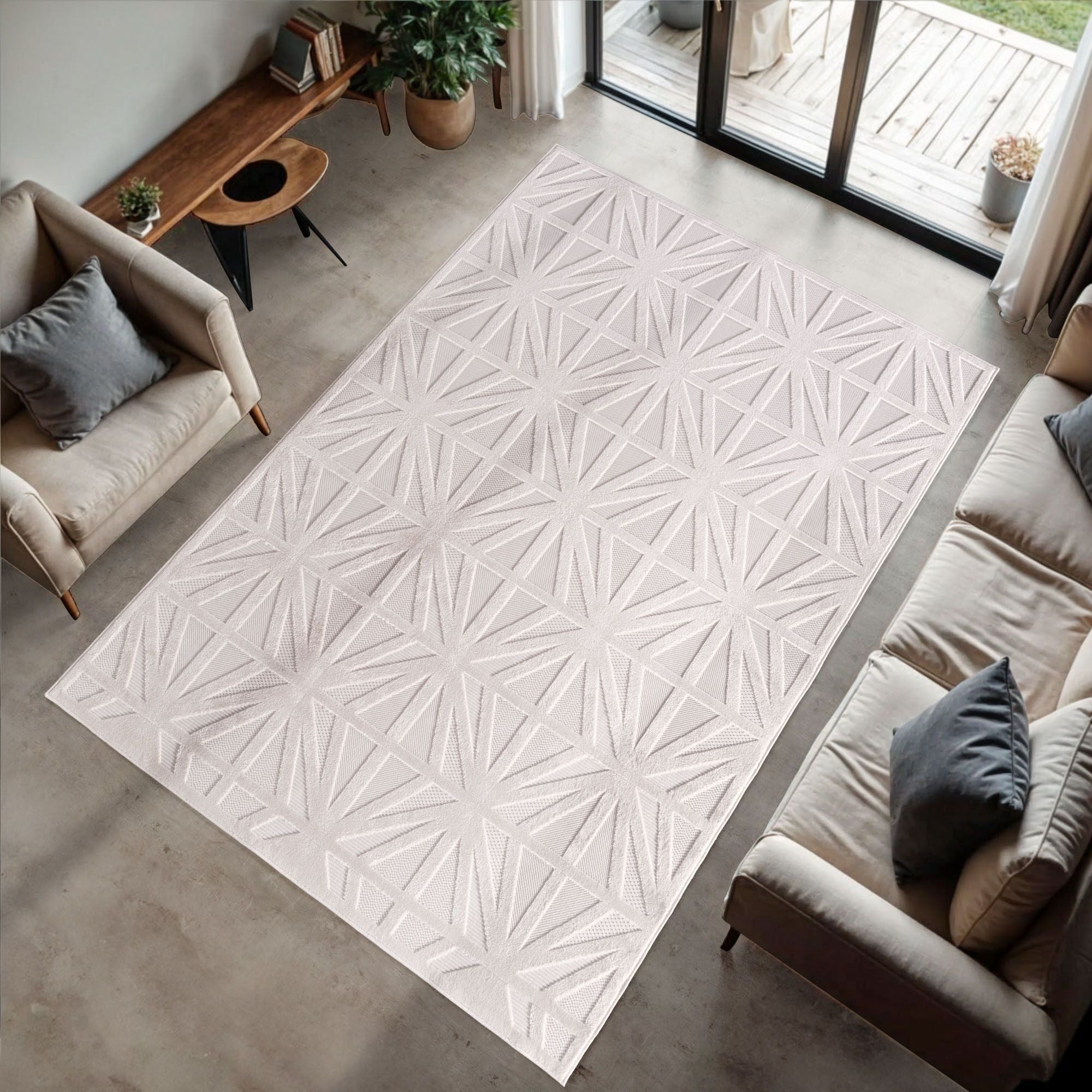 Kurzflor Teppich,3D Design,Farbe Creme,Teppich für Wohnzimmer,Rücken aus fibrilliertes Garn