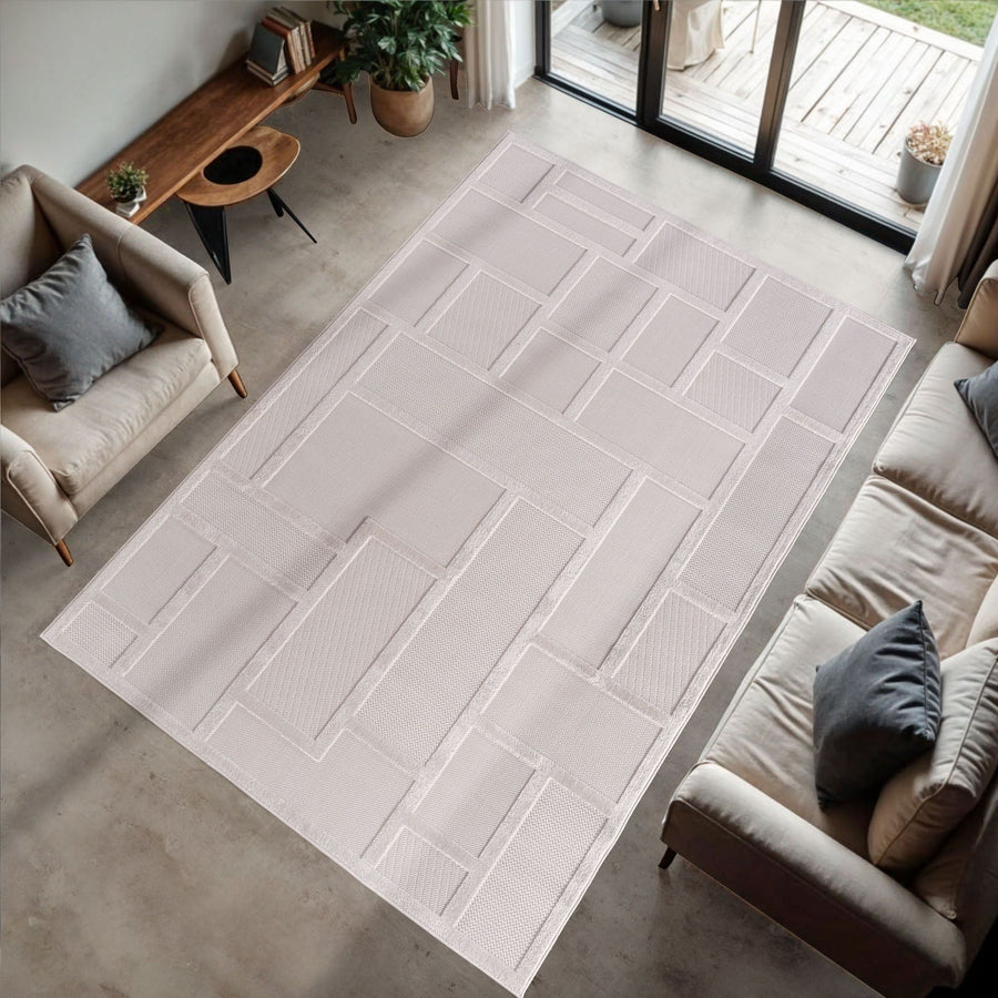 Short-pile rug, 3D design, cream color, living room rug, fibrillated yarn backing