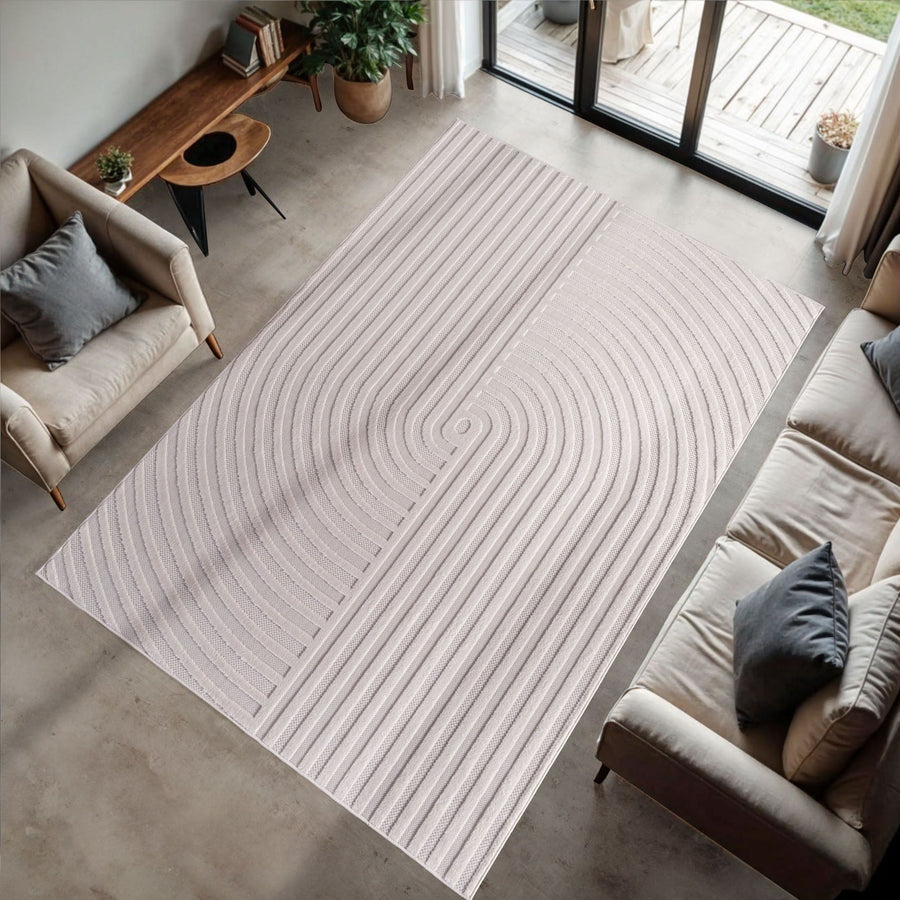 Short-pile rug, 3D design, cream color, living room rug, fibrillated yarn backing