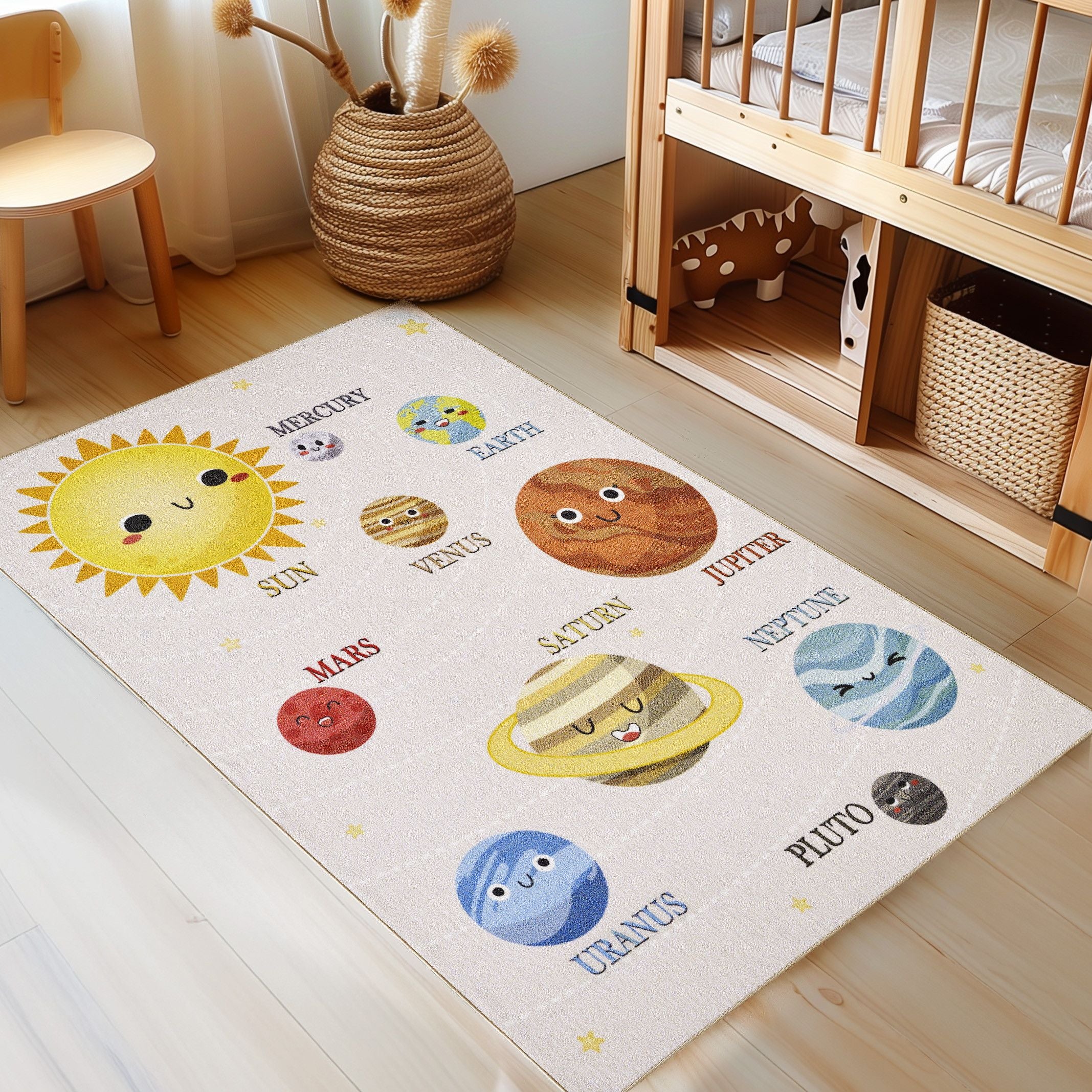 Kinderteppiche, Sonnensystem, Farbe Beige, Teppich für Kinderzimmer, Rücken aus Latex