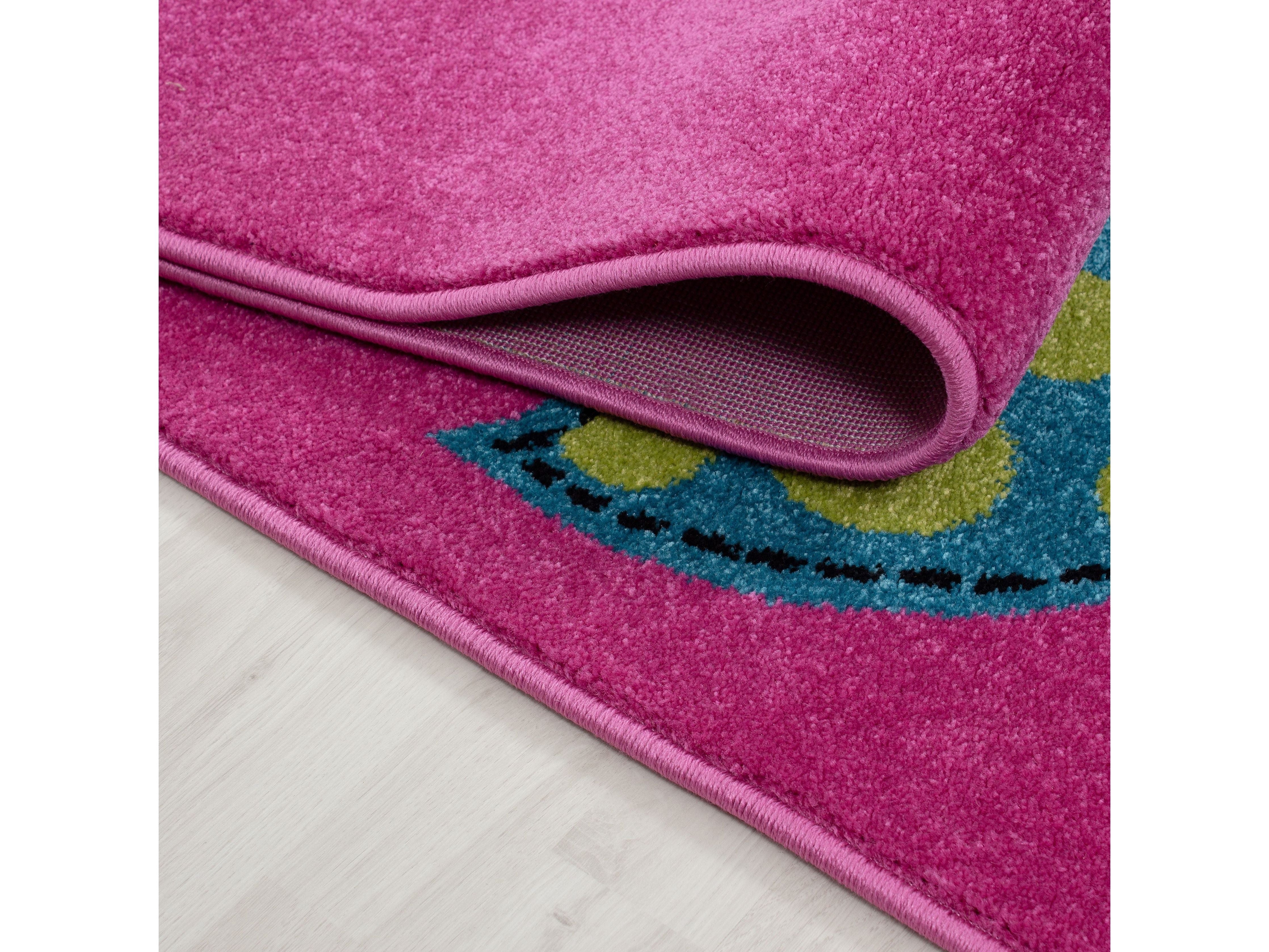 Kinderteppich Kinderzimmer Eulen Schmetterling Herz Muster Pink Gruen Blau Rot