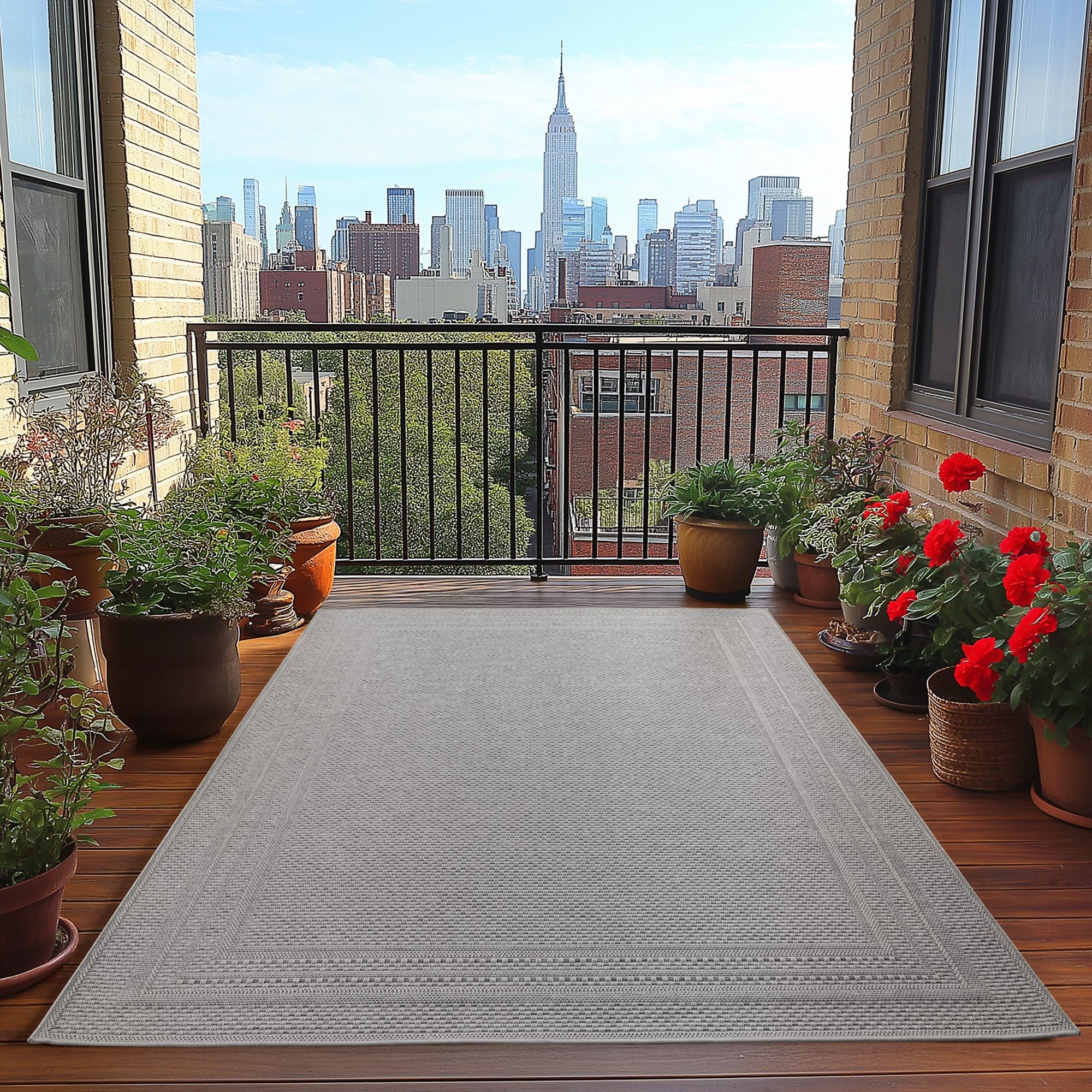 Outdoorteppiche Grau 8x25 cm Läufer, Wetterfest & UV-beständig, ideal für Küche, Balkon, Terrasse auch Wohnzimmer und Esszimmer, Einfarbiges Design mit Bordüre, Leicht zu Reinigen