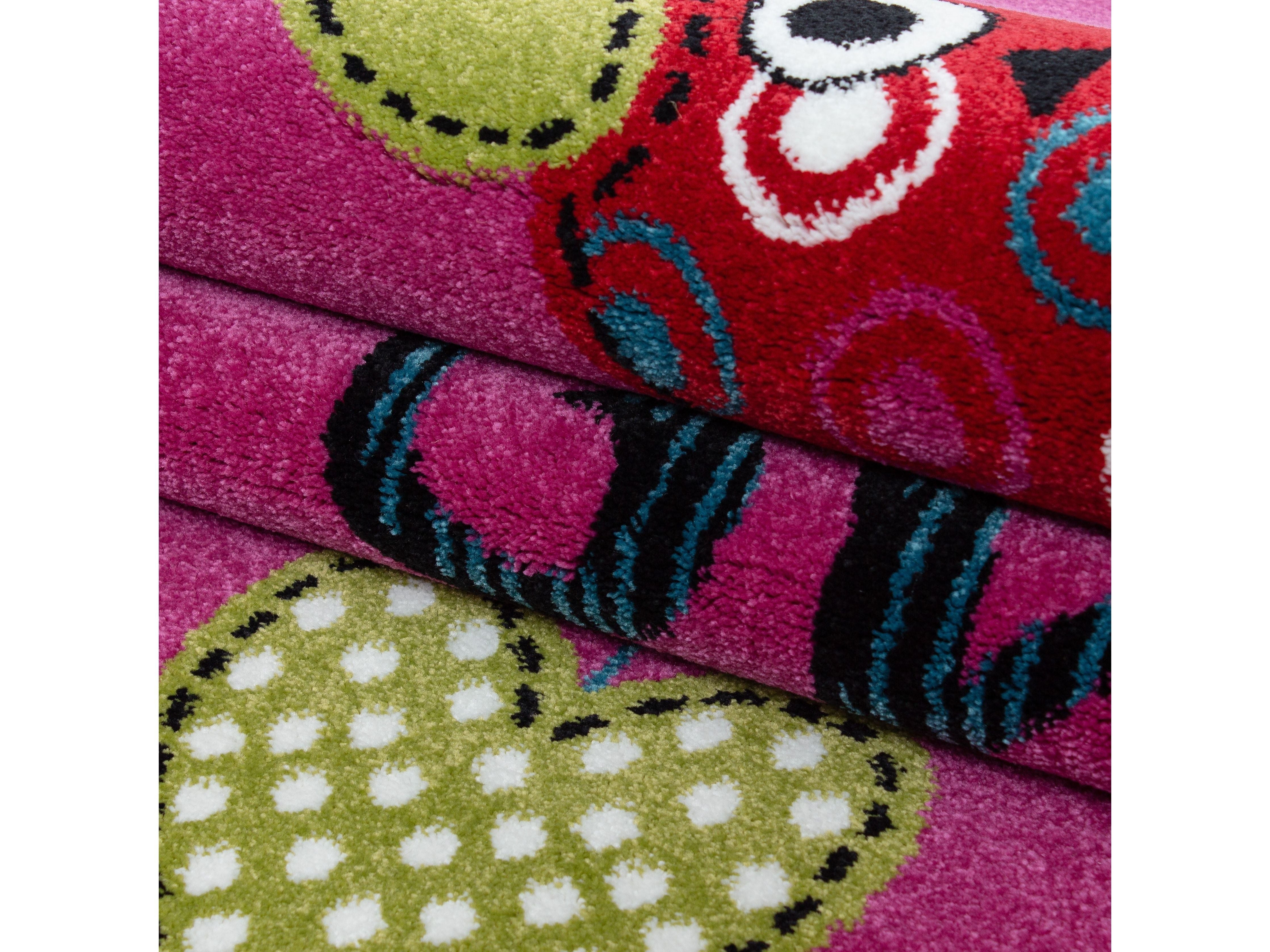 Kinderteppich Kinderzimmer Eulen Schmetterling Herz Muster Pink Gruen Blau Rot
