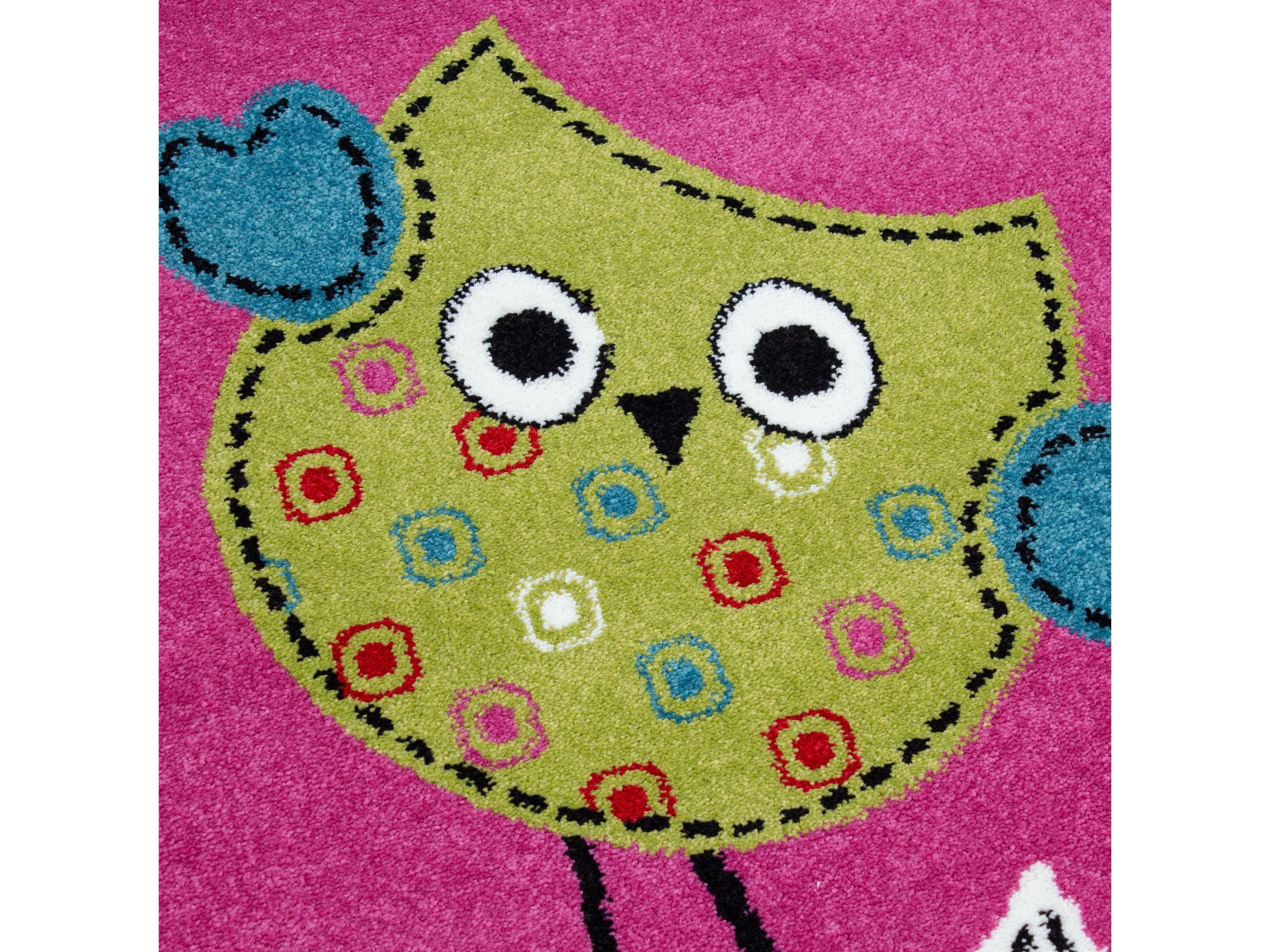 Kinderteppich Kinderzimmer Eulen Schmetterling Herz Muster Pink Gruen Blau Rot