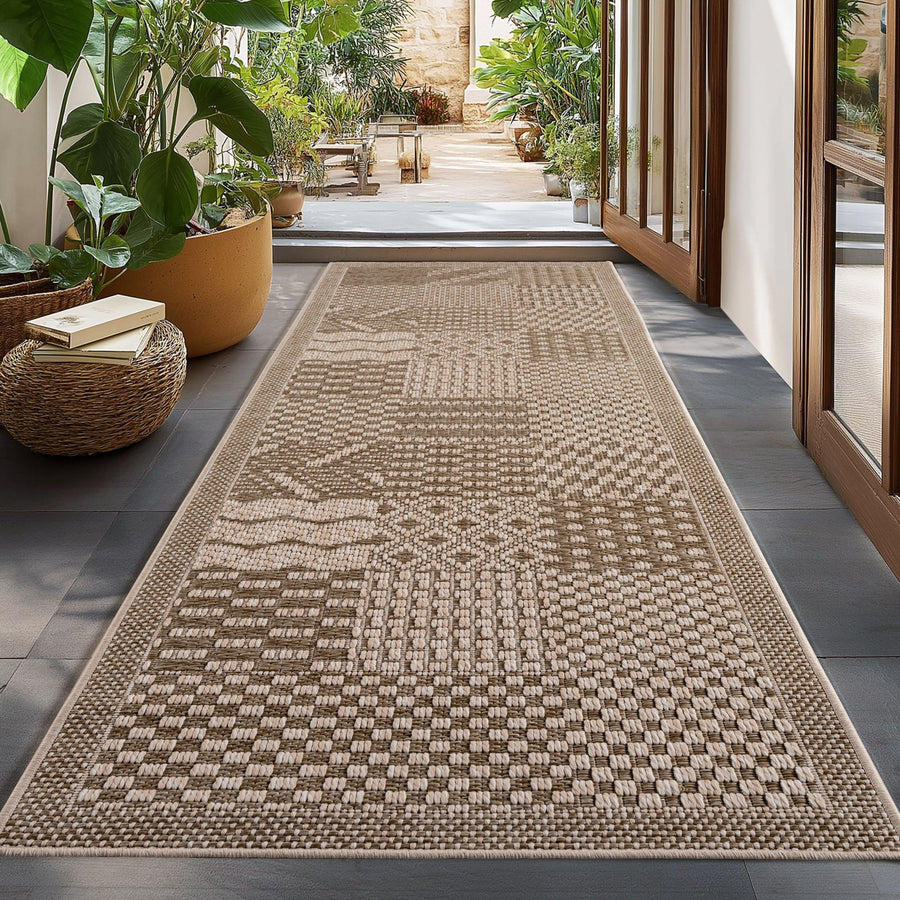 İç ve Dış Mekan Halıları Bej 8x25 cm Yolluk, Hava koşullarına ve UV ışınlarına dayanıklı, Mutfak, balkon, teras, oturma odası ve yemek odası için ideal, Bohem tarzda düz renk.
