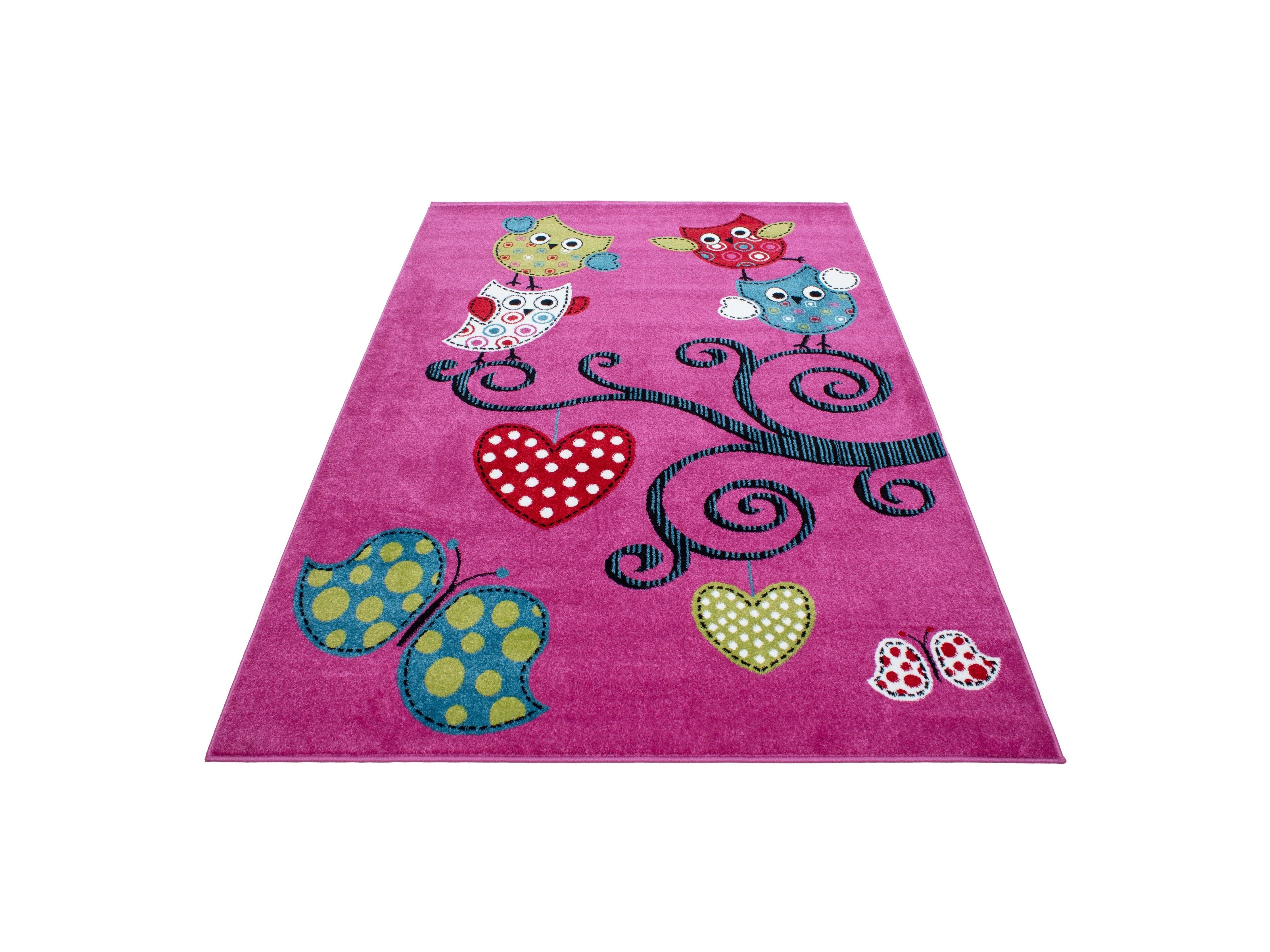 Kinderteppich Kinderzimmer Eulen Schmetterling Herz Muster Pink Gruen Blau Rot