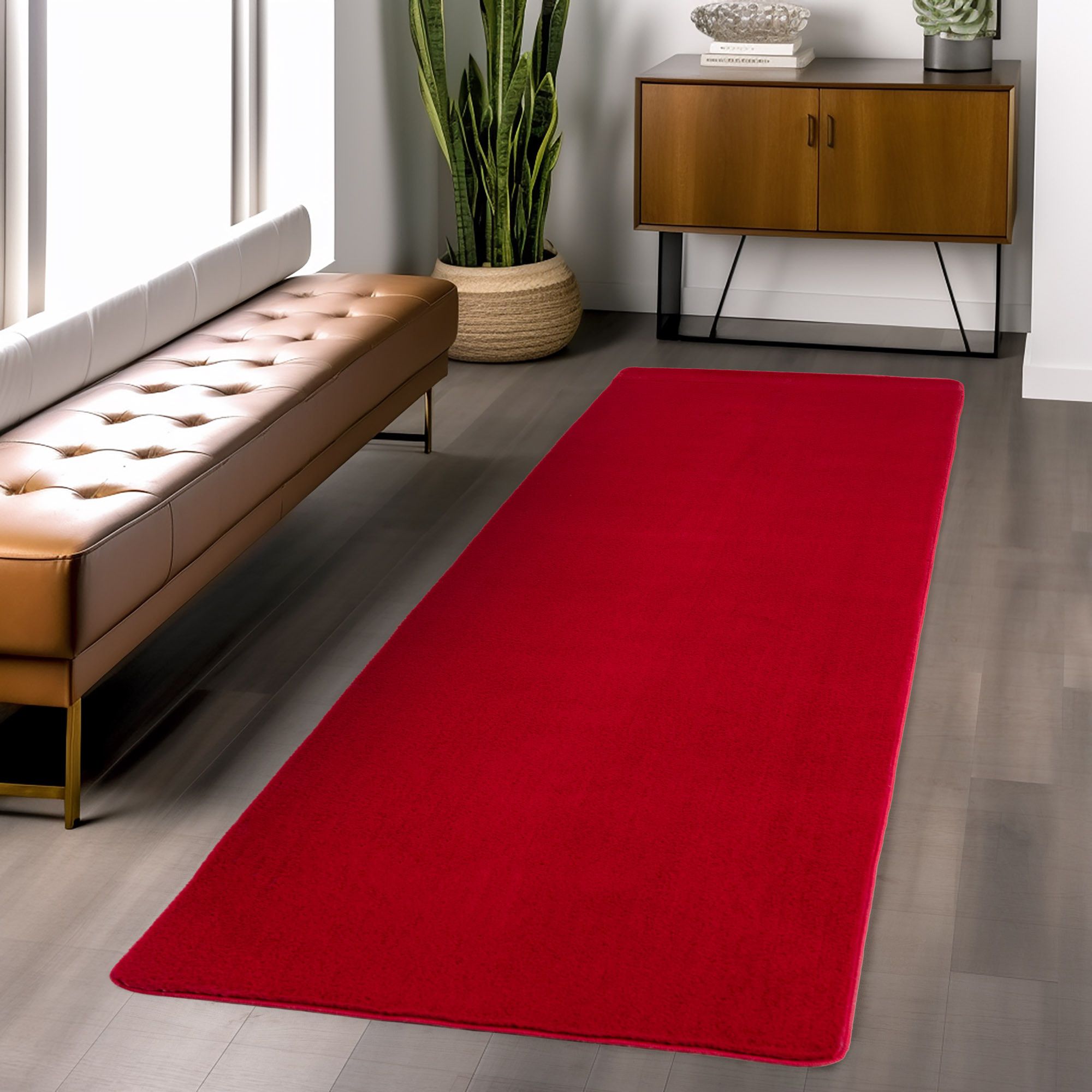 Läufer Teppich Rot 6x1 cm – Waschbarer Kurzflorteppicheteppiche, rutschfest & weich, modernes einfarbiges Design für Schlafzimmer, Küche & Flur