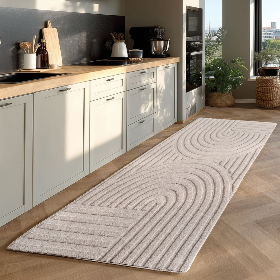 Skandinavischer Boho Teppich Einfarbig Creme 8x15 cm, Deko Teppich, Weich & Pflegeleicht, Waschbar, 3D-Effekt, Teppich für Wohnzimmer und Schlafzimmer, Läufer Teppich