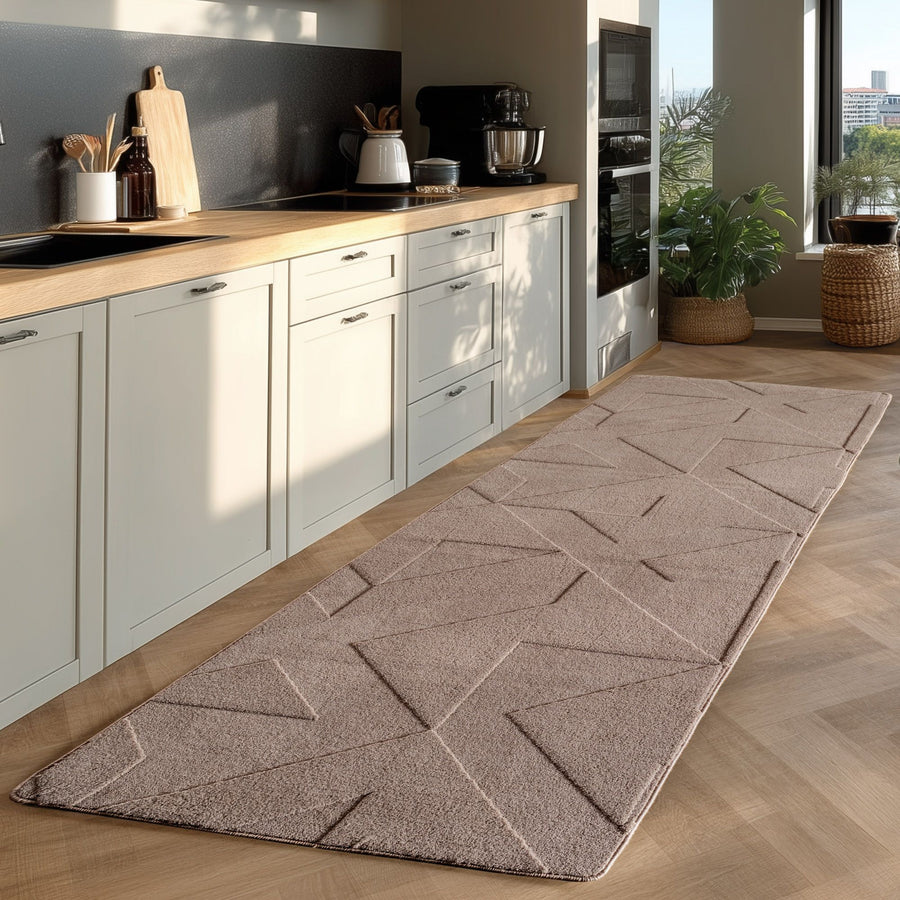 Boho Teppich mit Geometrischem Design, Einfarbig Beige 8x15 cm, Weicher & Pflegeleichter Deko Teppich, Waschbarer Läufer mit 3D-Effekt für Wohnzimmer und Schlafzimmer