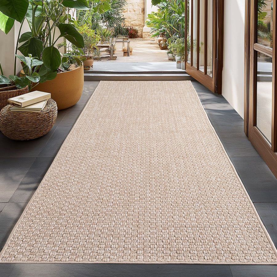 İç ve Dış Mekan Halıları Bej 8x25 cm Yolluk, Hava koşullarına ve UV ışınlarına dayanıklı, Mutfak, balkon, teras, oturma odası ve yemek odası için ideal, Bohem tarzda düz renk.