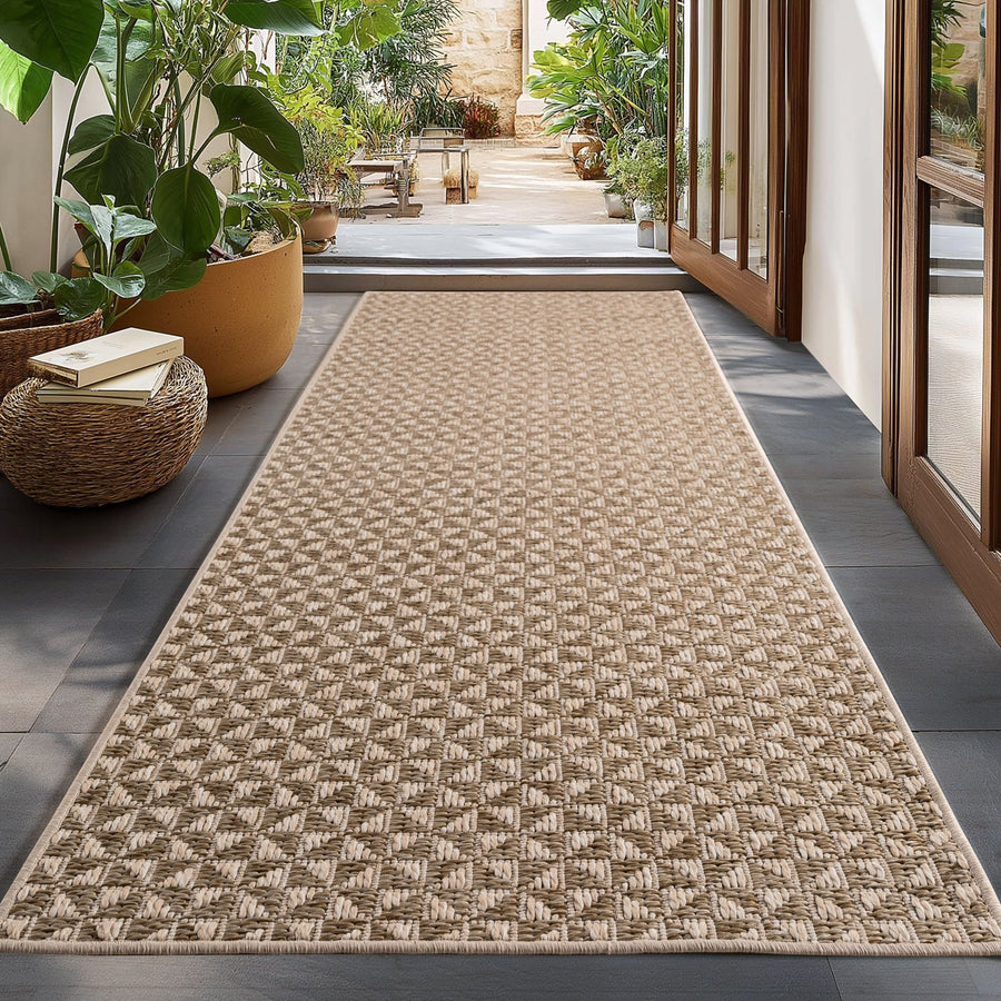 İç ve Dış Mekan Halıları Bej 8x25 cm Yolluk, Hava koşullarına ve UV ışınlarına dayanıklı, Mutfak, balkon, teras, oturma odası ve yemek odası için ideal, Bohem tarzda kareli tasarım