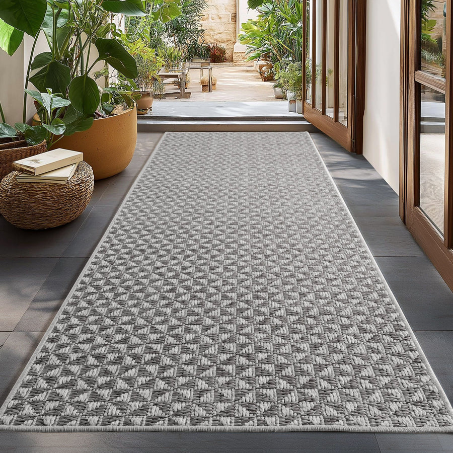 İç ve Dış Mekan Halıları Gri 8x15 cm Yolluk, Hava koşullarına ve UV ışınlarına dayanıklı, Mutfak, balkon, teras, oturma odası ve yemek odası için ideal, Bohem tarzda kareli tasarım