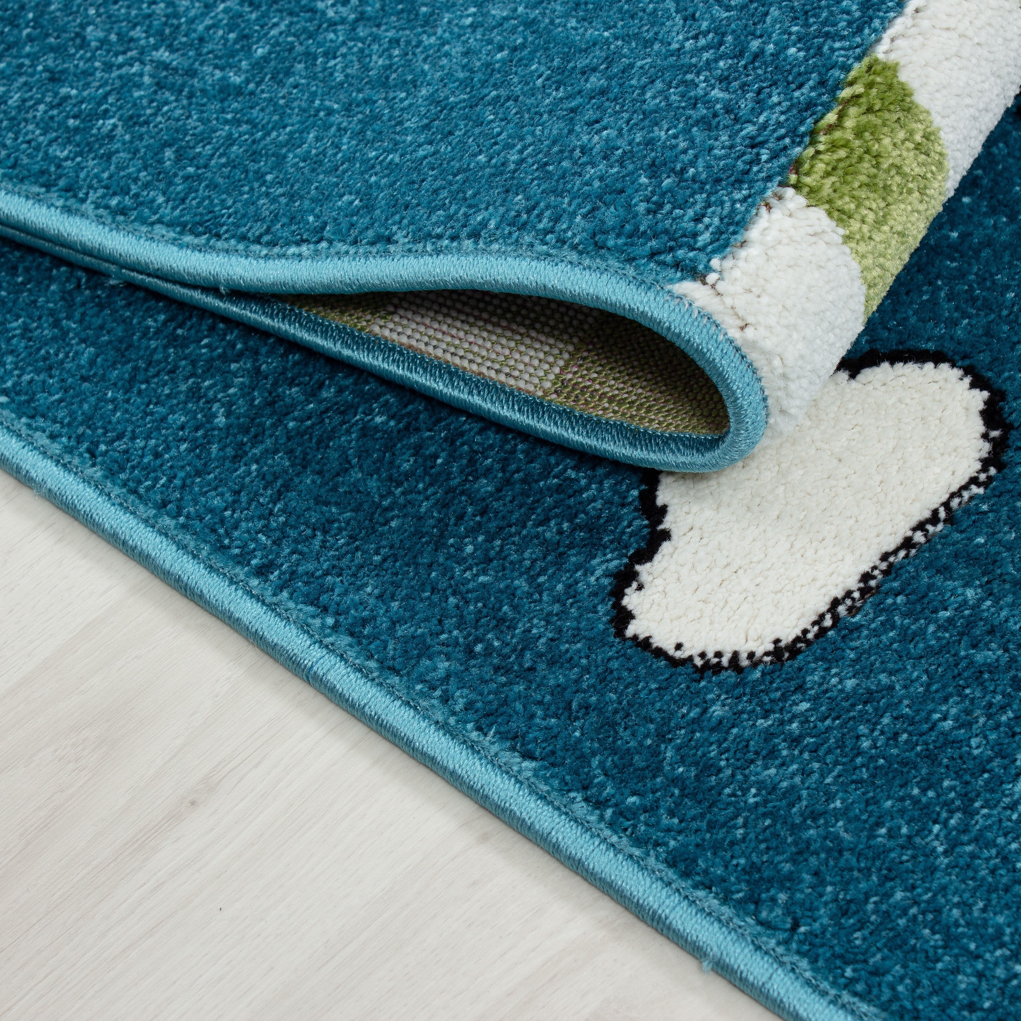 Kinderteppich Kinderzimmer Pirat Muster Kurzflor Pflegeleicht Blau Grün Weiss