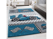 Kinderteppich Kinderzimmer Rennwagen Formel 1 Muster Blau Grau Weiß Schwarz