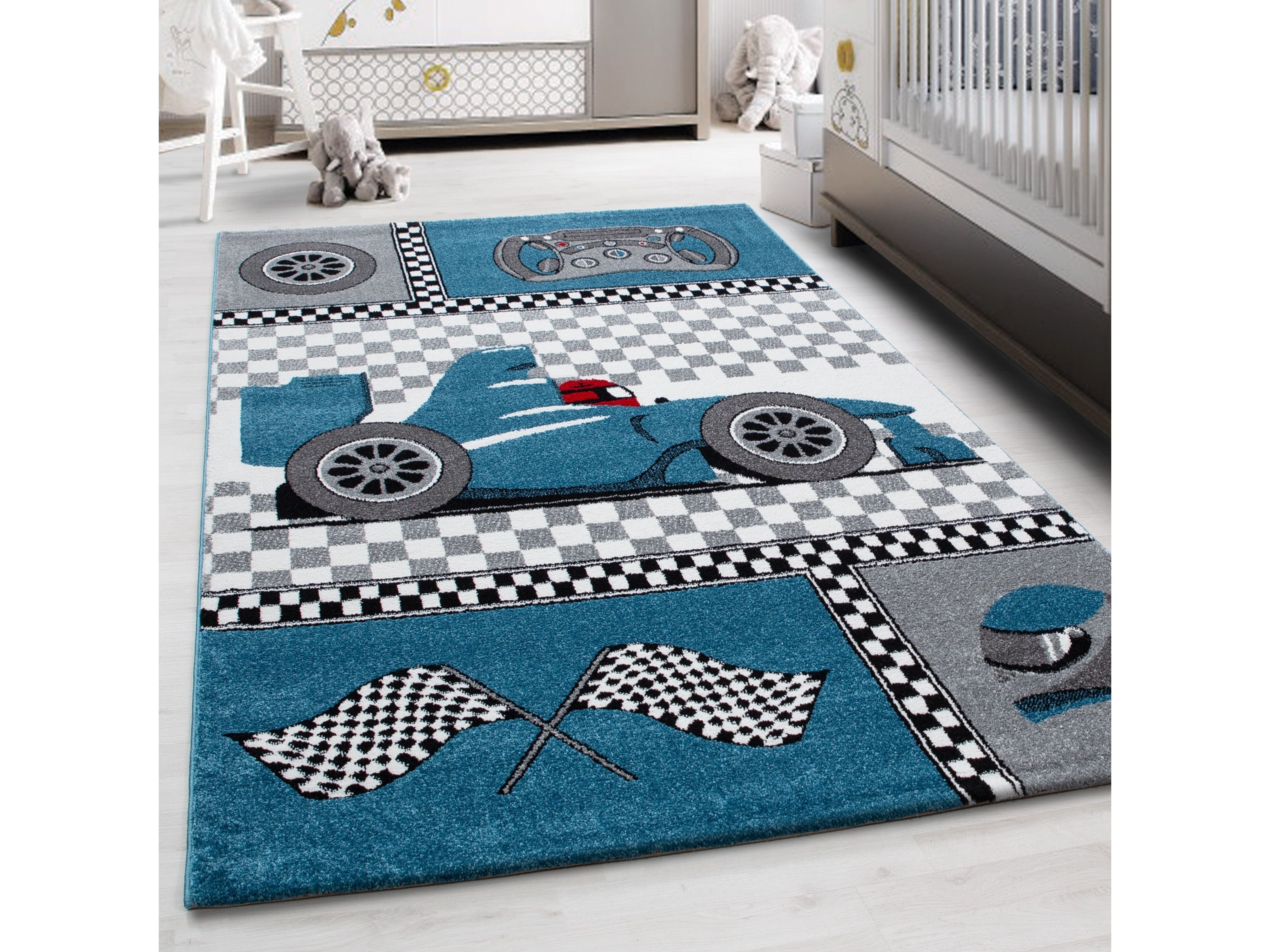 Kinderteppich Kinderzimmer Rennwagen Formel 1 Muster Blau Grau Weiß Schwarz