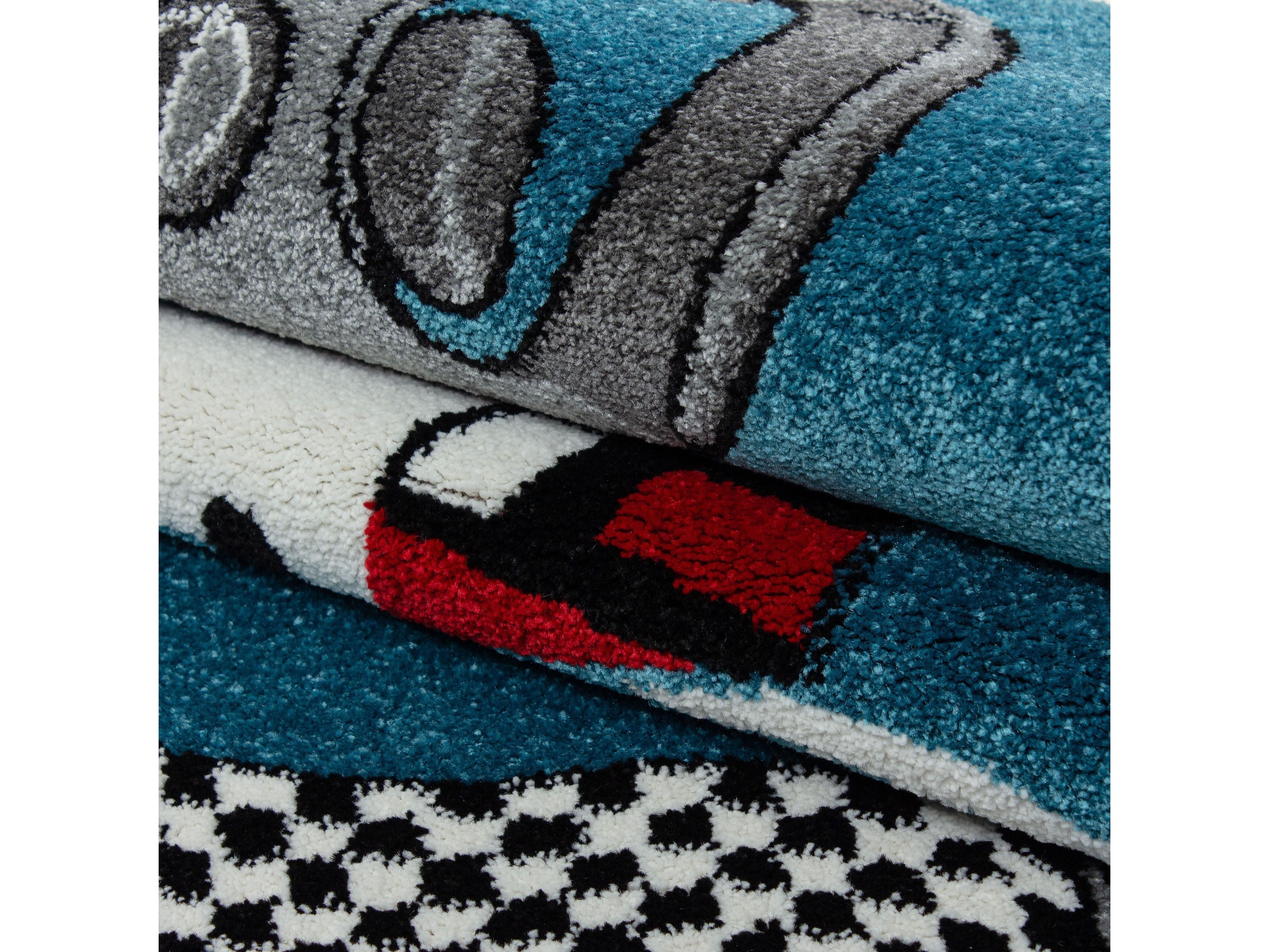 Kinderteppich Kinderzimmer Rennwagen Formel 1 Muster Blau Grau Weiß Schwarz