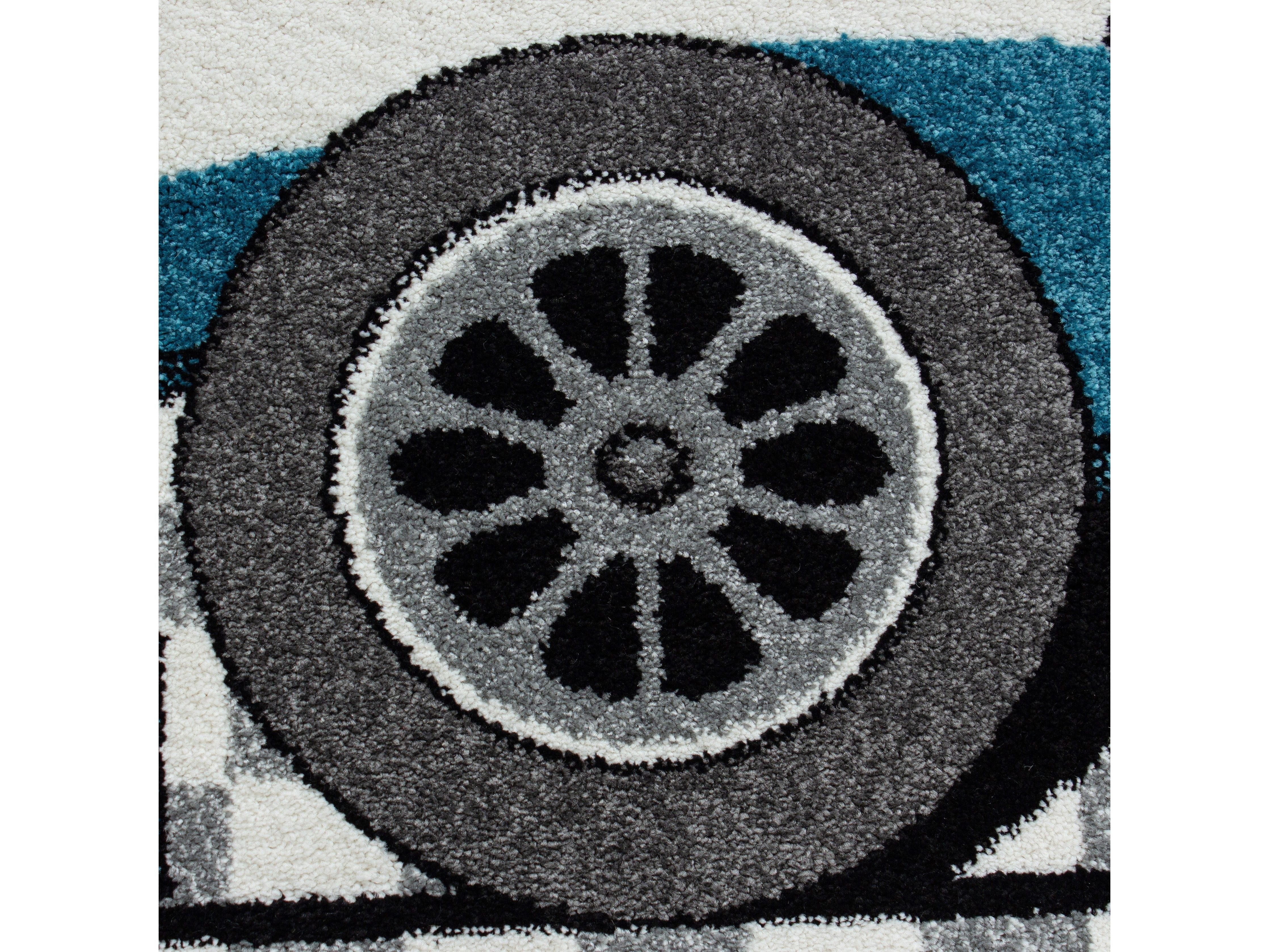 Kinderteppich Kinderzimmer Rennwagen Formel 1 Muster Blau Grau Weiß Schwarz