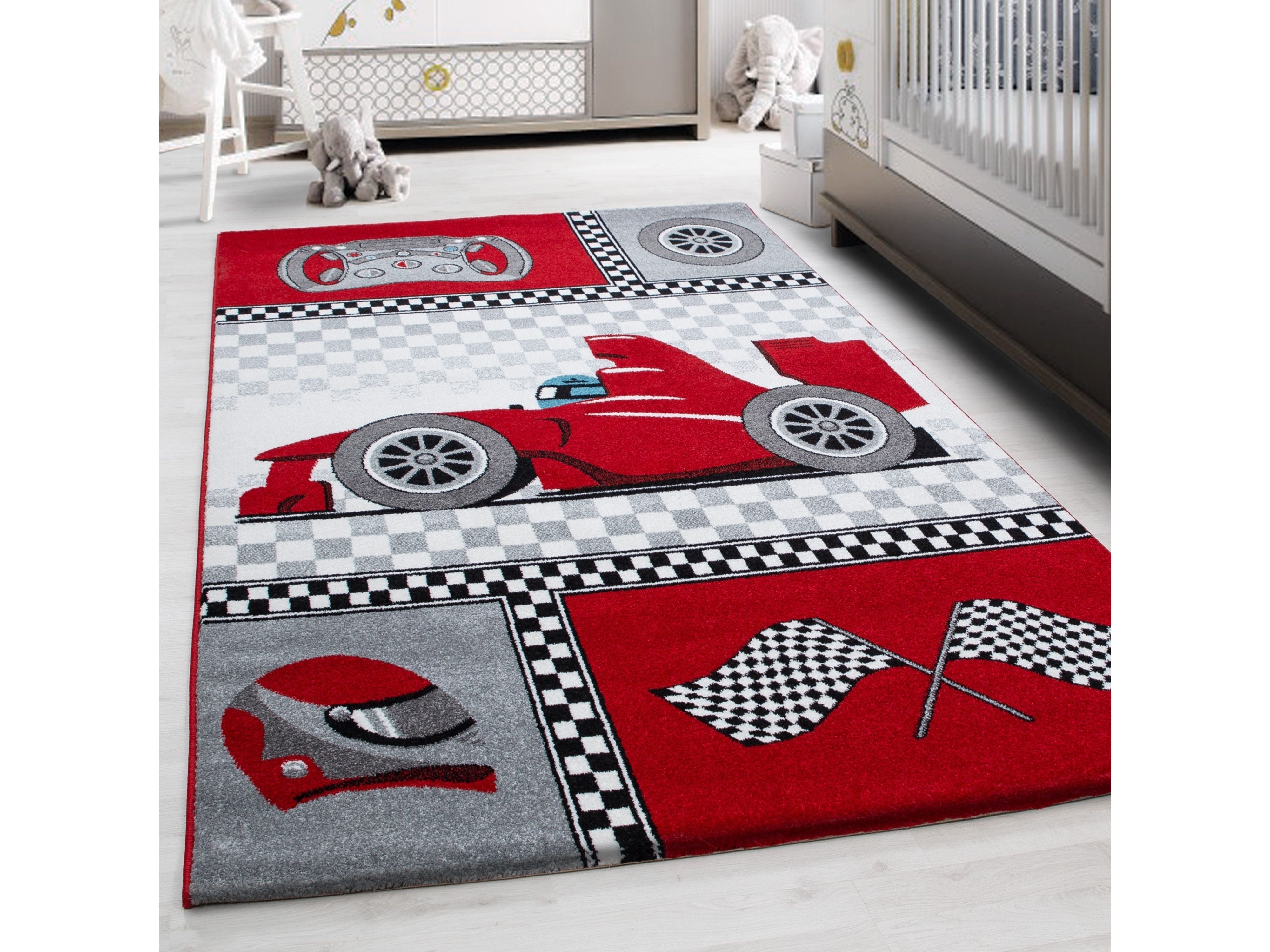 Kinderteppich Kinderzimmer Rennwagen Formel 1 Muster Rot Grau Weiß Schwarz