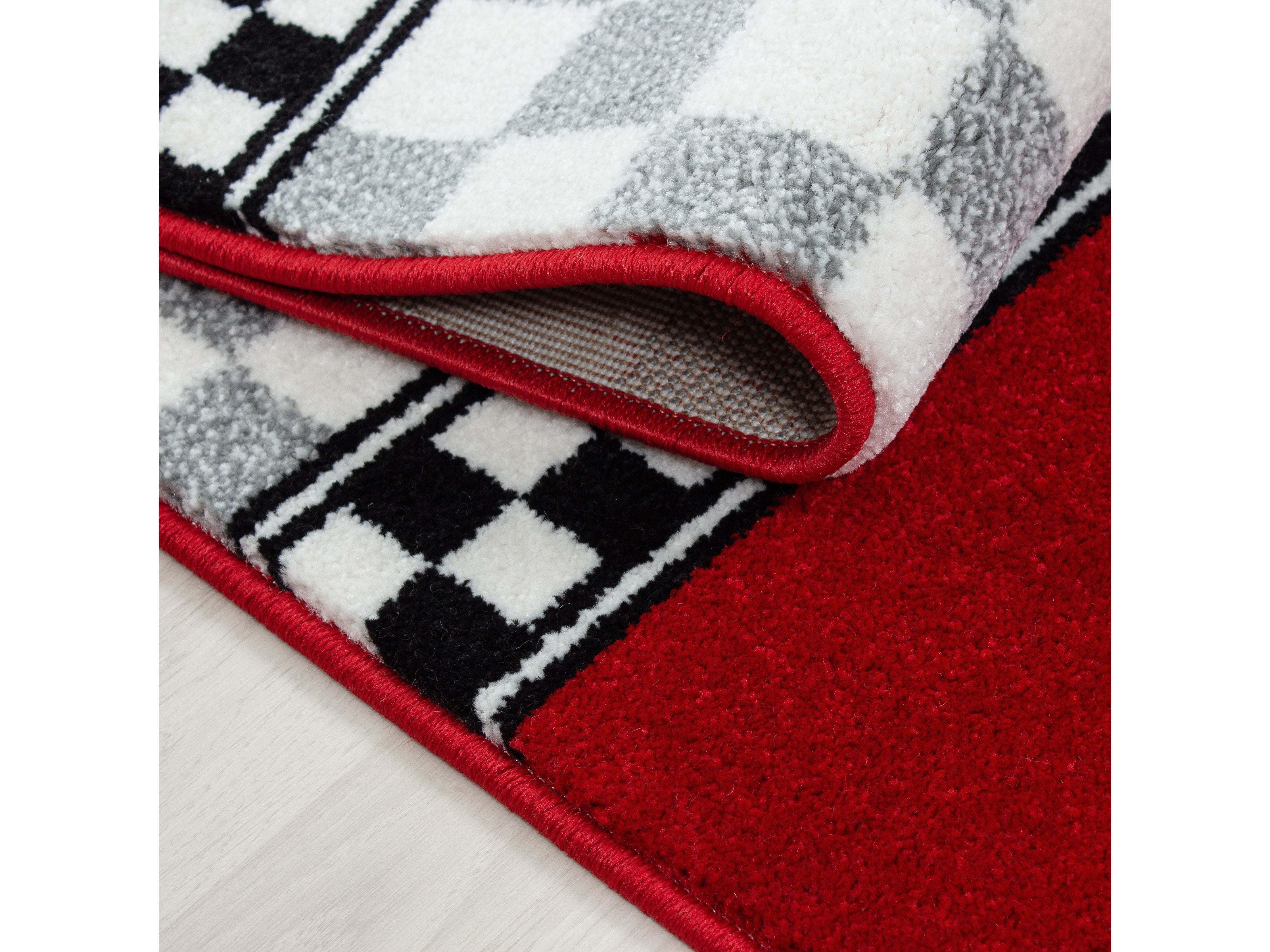 Kinderteppich Kinderzimmer Rennwagen Formel 1 Muster Rot Grau Weiß Schwarz