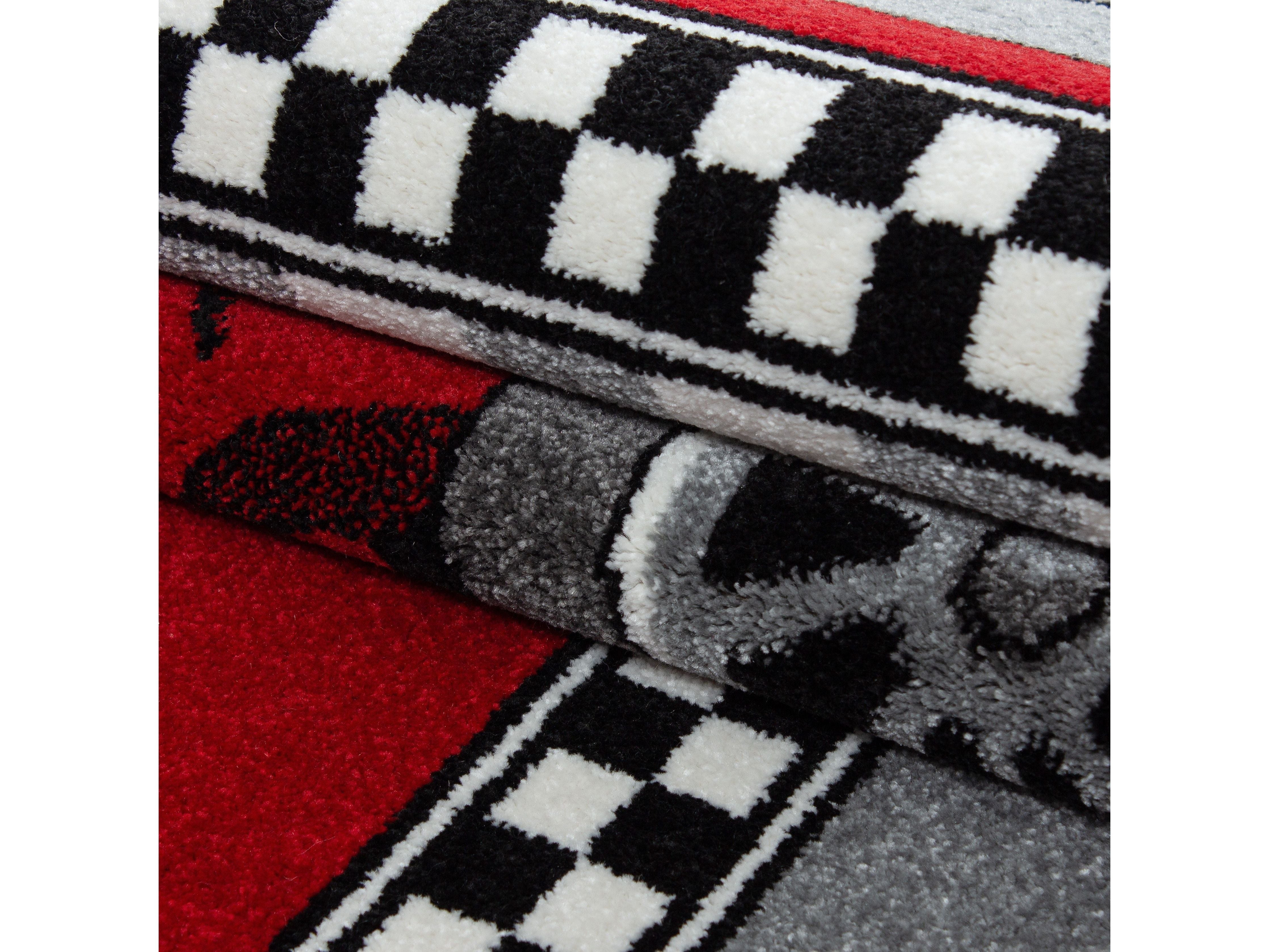 Kinderteppich Kinderzimmer Rennwagen Formel 1 Muster Rot Grau Weiß Schwarz