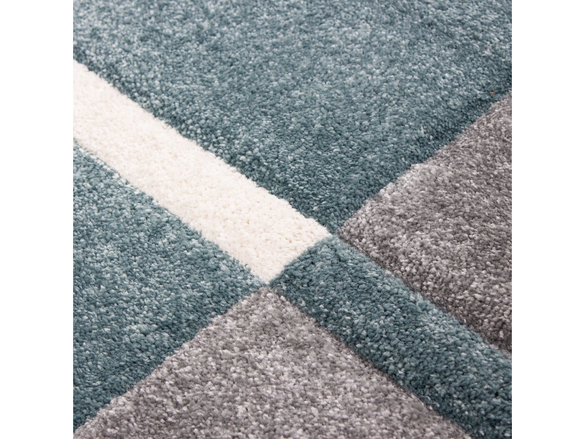 Designer Teppich Modern Kariert Linien Muster Konturenschnitt Grau Weiß Blau