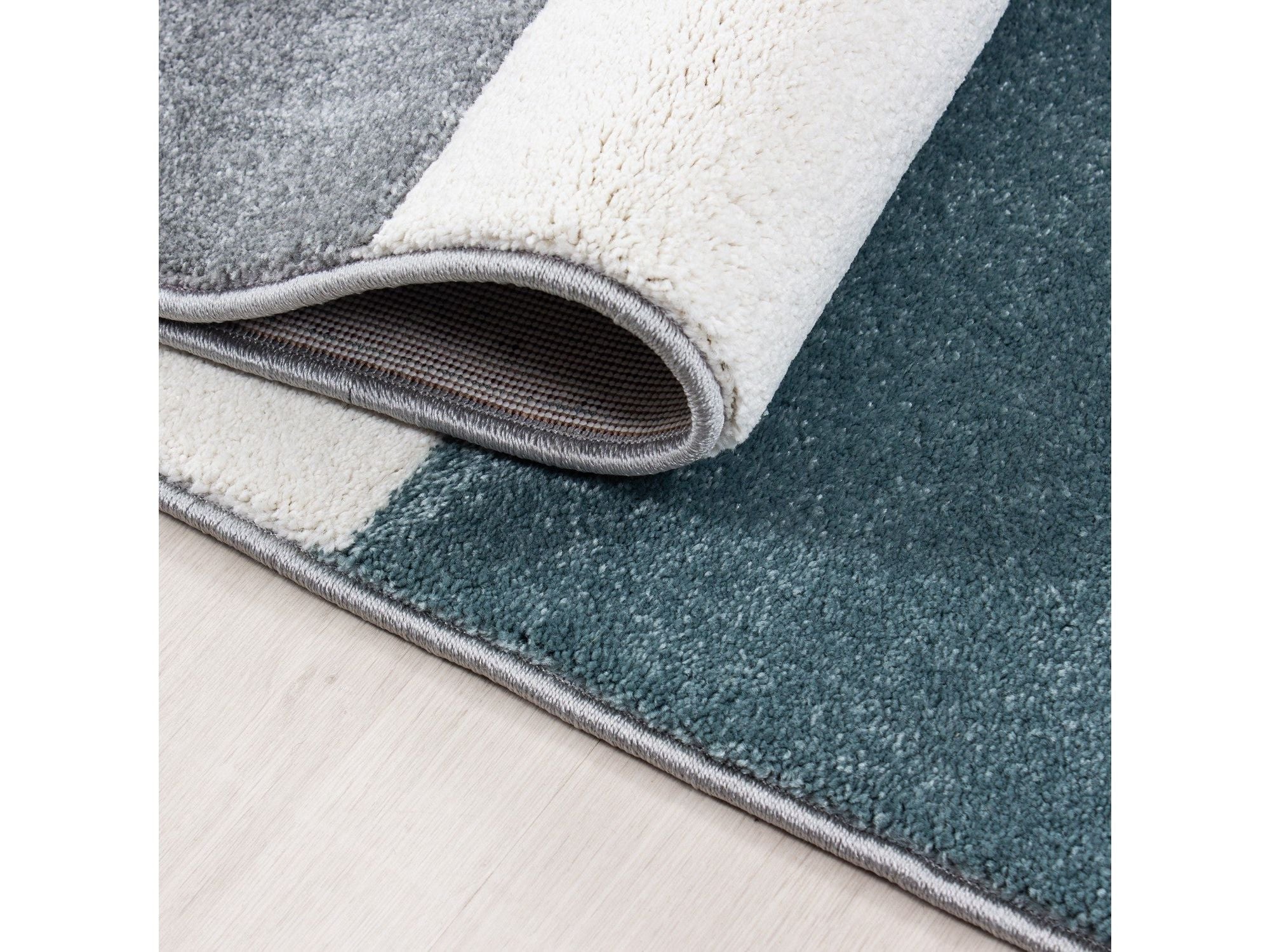 Designer Teppich Modern Kariert Linien Muster Konturenschnitt Grau Weiß Blau