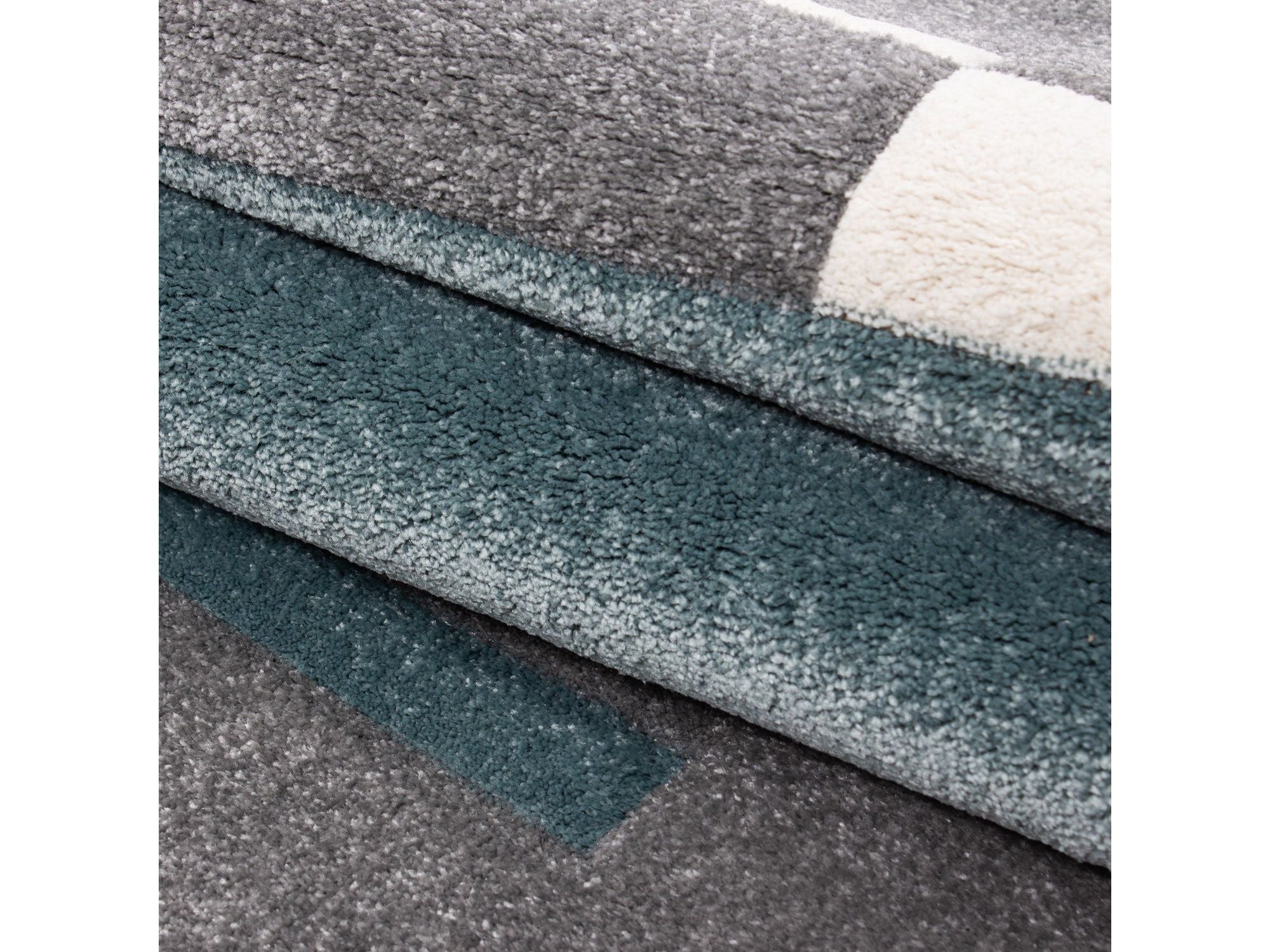 Designer Teppich Modern Kariert Linien Muster Konturenschnitt Grau Weiß Blau