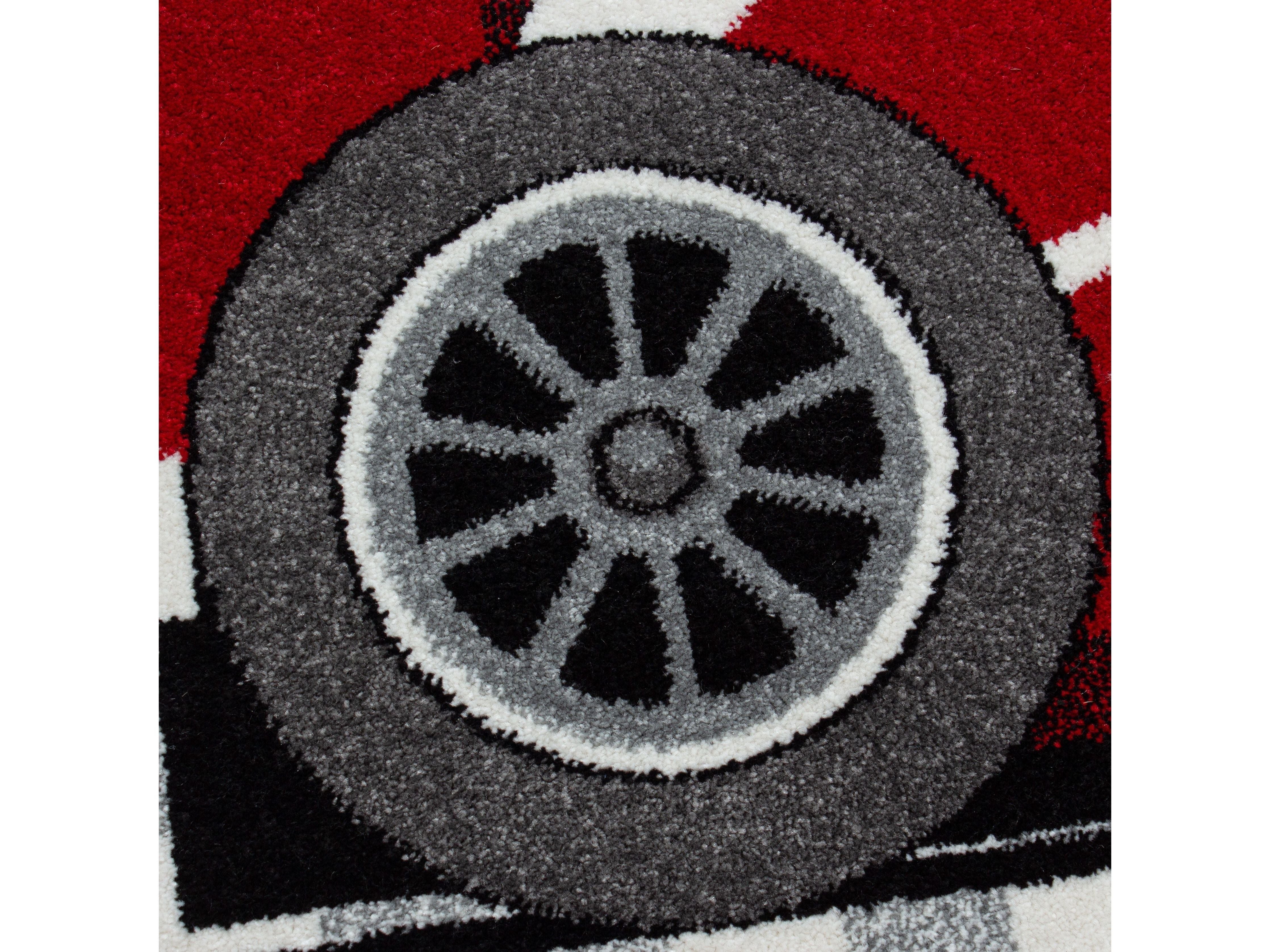 Kinderteppich Kinderzimmer Rennwagen Formel 1 Muster Rot Grau Weiß Schwarz