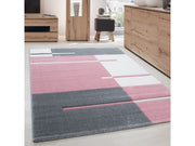 Designer Teppich Modern Kariert Linien Muster Konturenschnitt Grau Weiß Pink