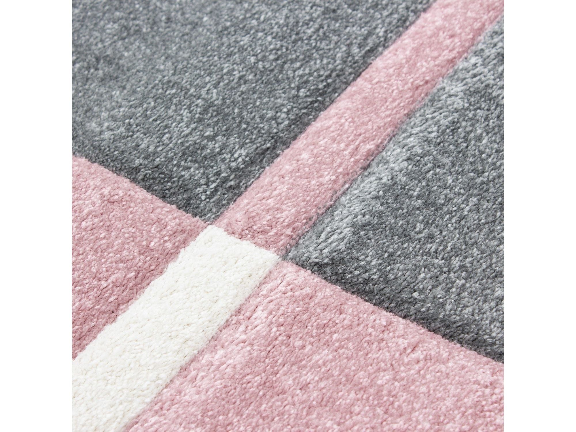 Designer Teppich Modern Kariert Linien Muster Konturenschnitt Grau Weiß Pink