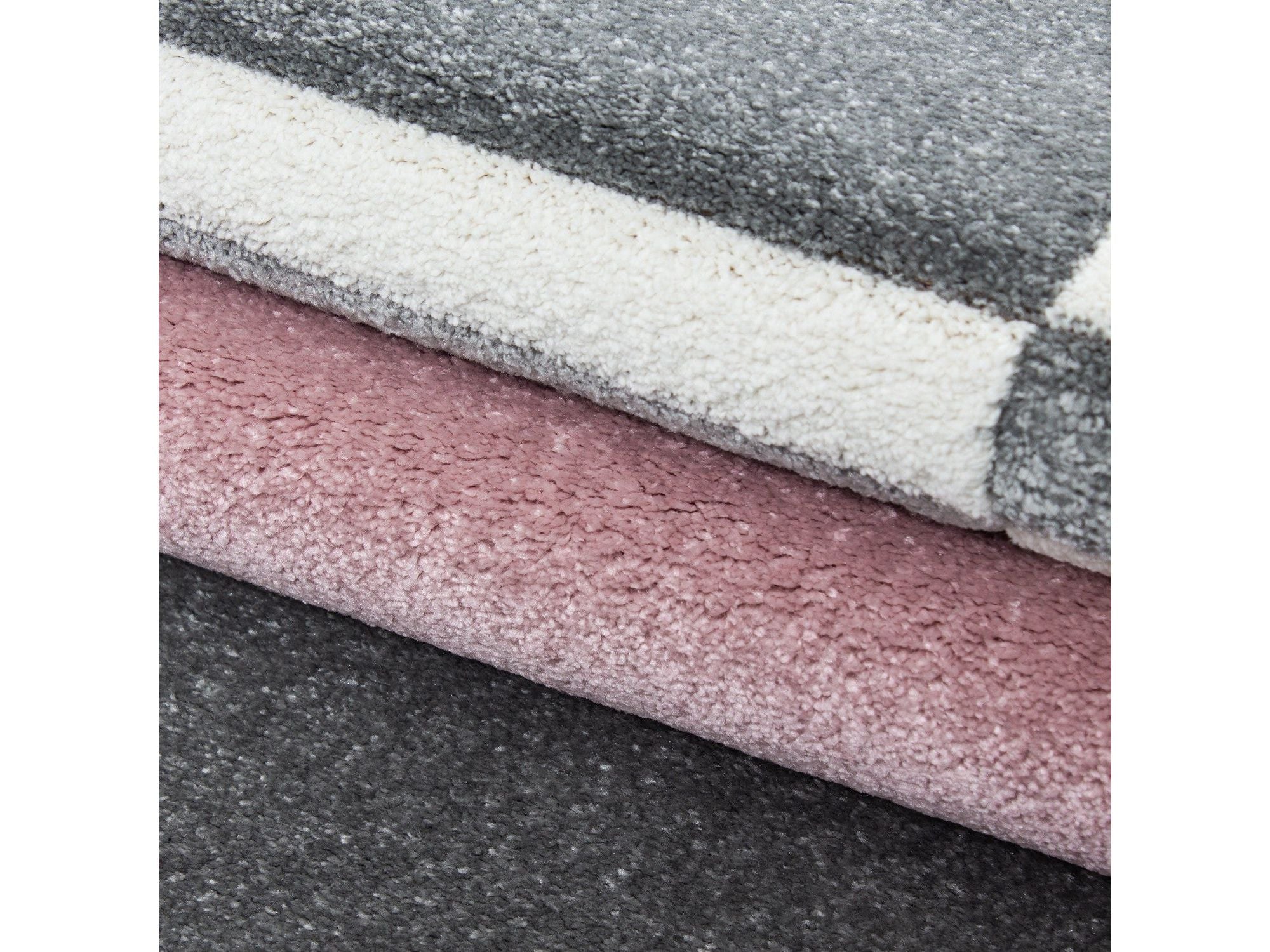 Designer Teppich Modern Kariert Linien Muster Konturenschnitt Grau Weiß Pink