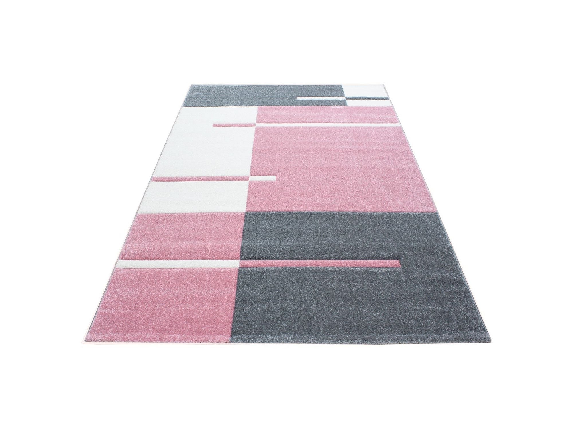 Designer Teppich Modern Kariert Linien Muster Konturenschnitt Grau Weiß Pink