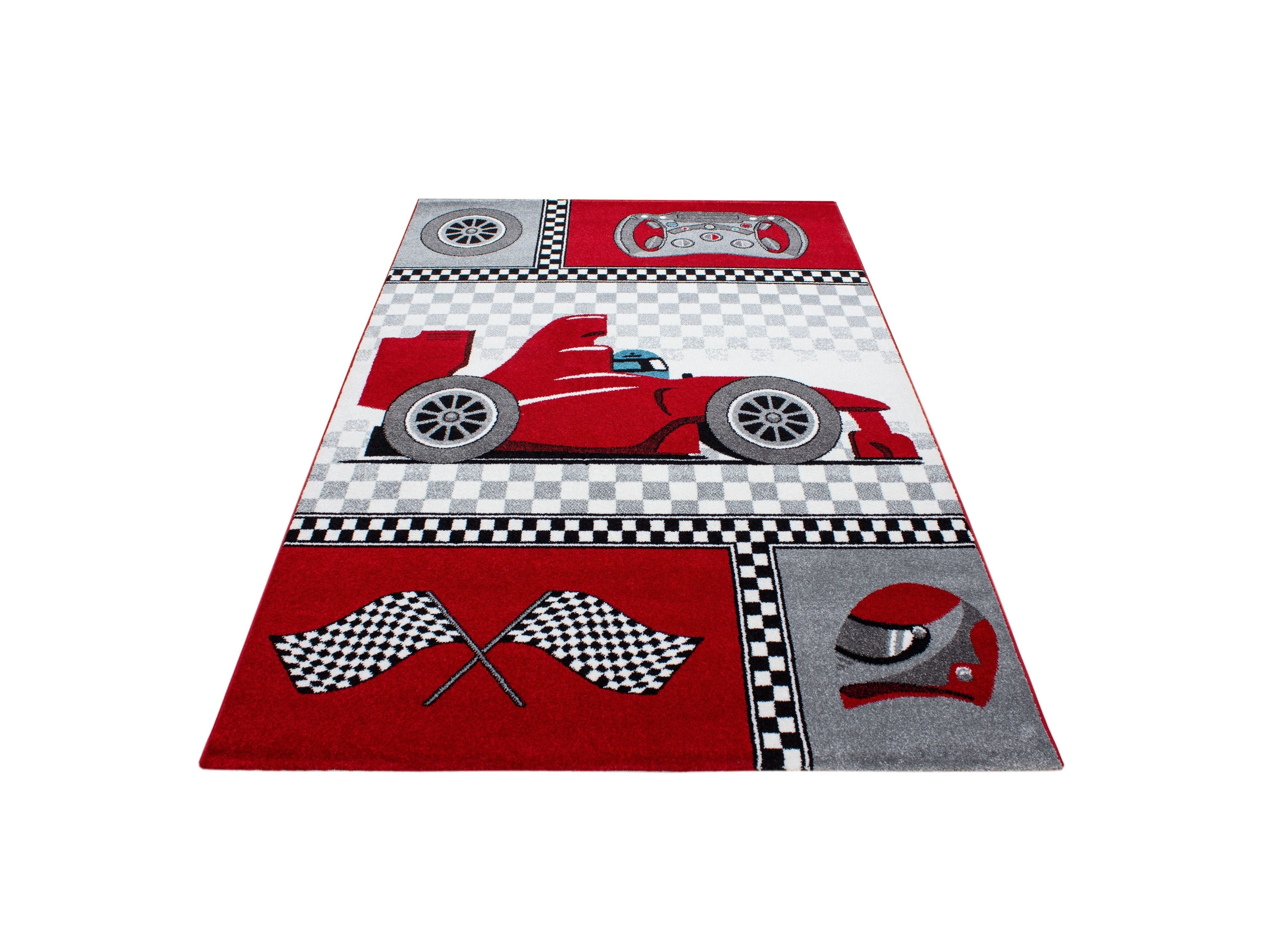 Kinderteppich Kinderzimmer Rennwagen Formel 1 Muster Rot Grau Weiß Schwarz