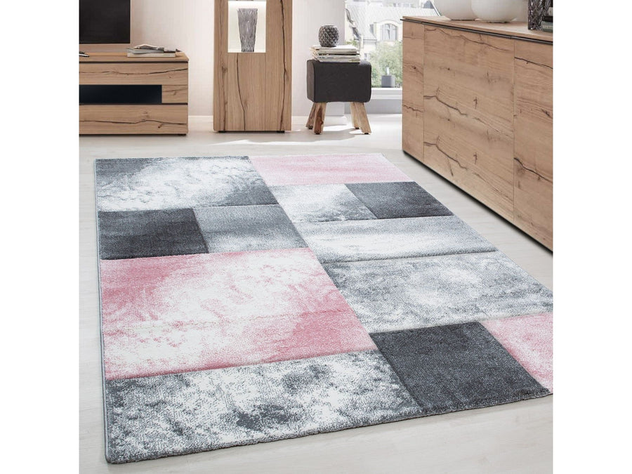 Designer Teppich Abstrakt Kariert Muster Konturenschnitt Grau Weiß Pink