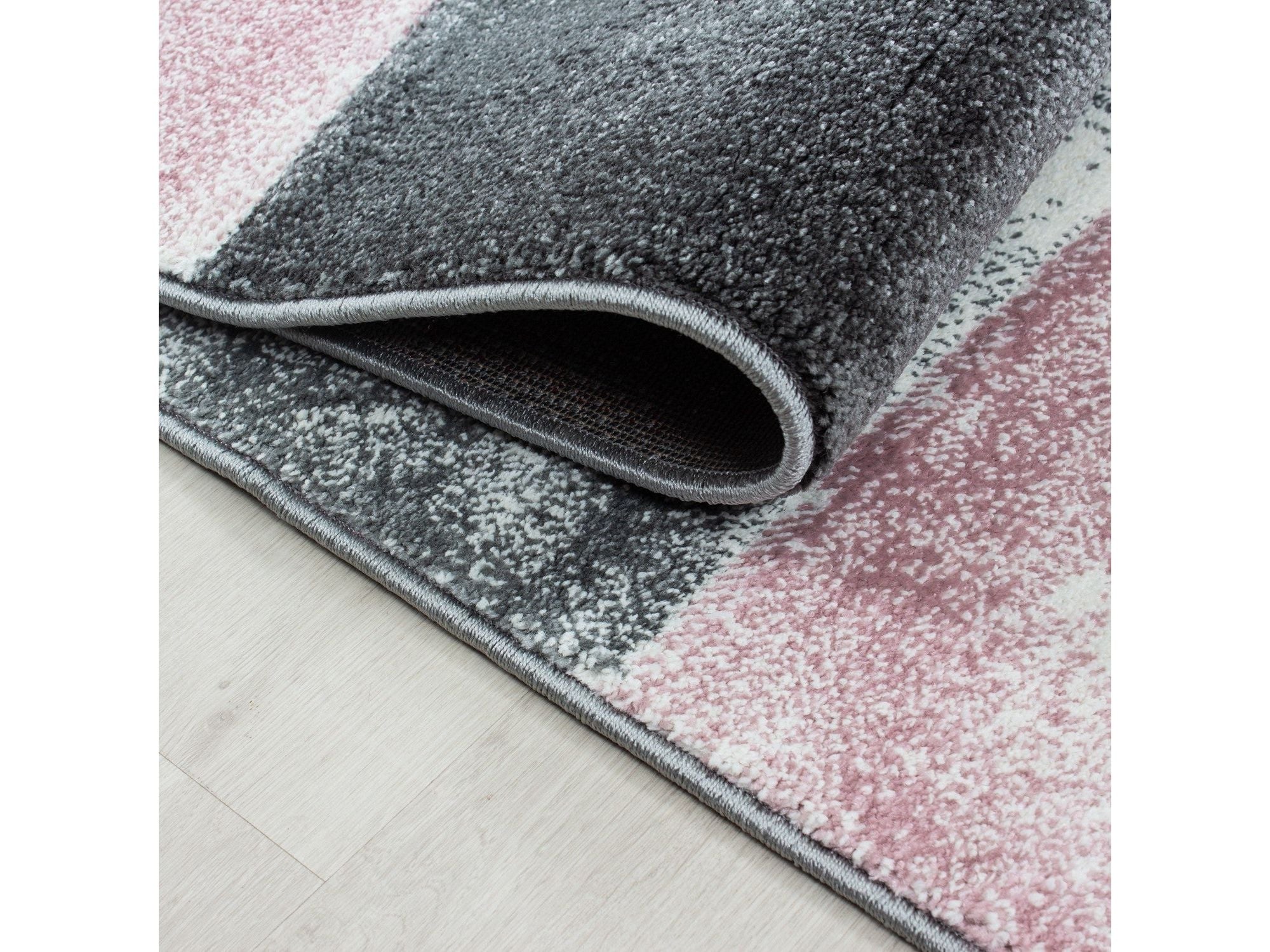 Designer Teppich Abstrakt Kariert Muster Konturenschnitt Grau Weiß Pink