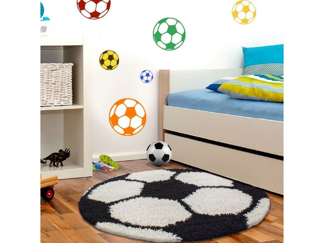 Kinderteppich für Kinderzimmer Fussball form Hochflor Teppich Schwarz-Weiss