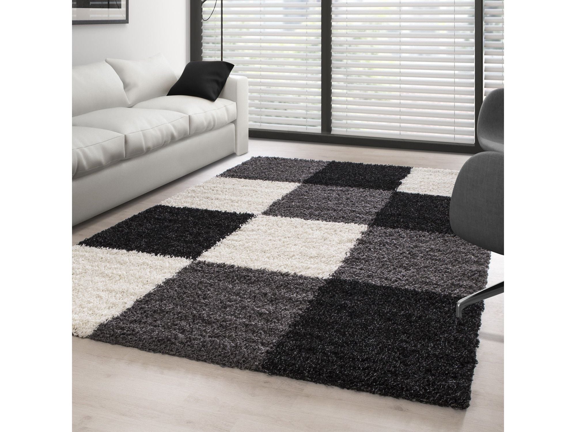 Teppich Hochflor Langflor Wohnzimmer günstig Shaggy kariert Schwarz Weiss Grau