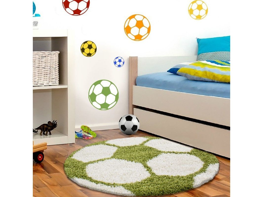 Kinderteppich für Kinderzimmer Fussball form Hochflor Teppich Grün-Weiss