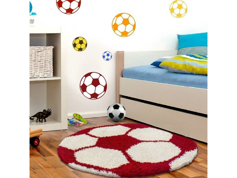 Kinderteppich für Kinderzimmer Fussball form Hochflor Teppich Rot-Weiss