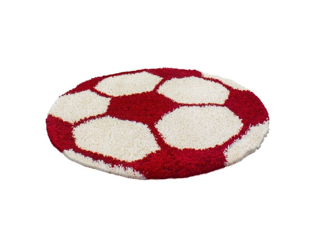 Kinderteppich für Kinderzimmer Fussball form Hochflor Teppich Rot-Weiss