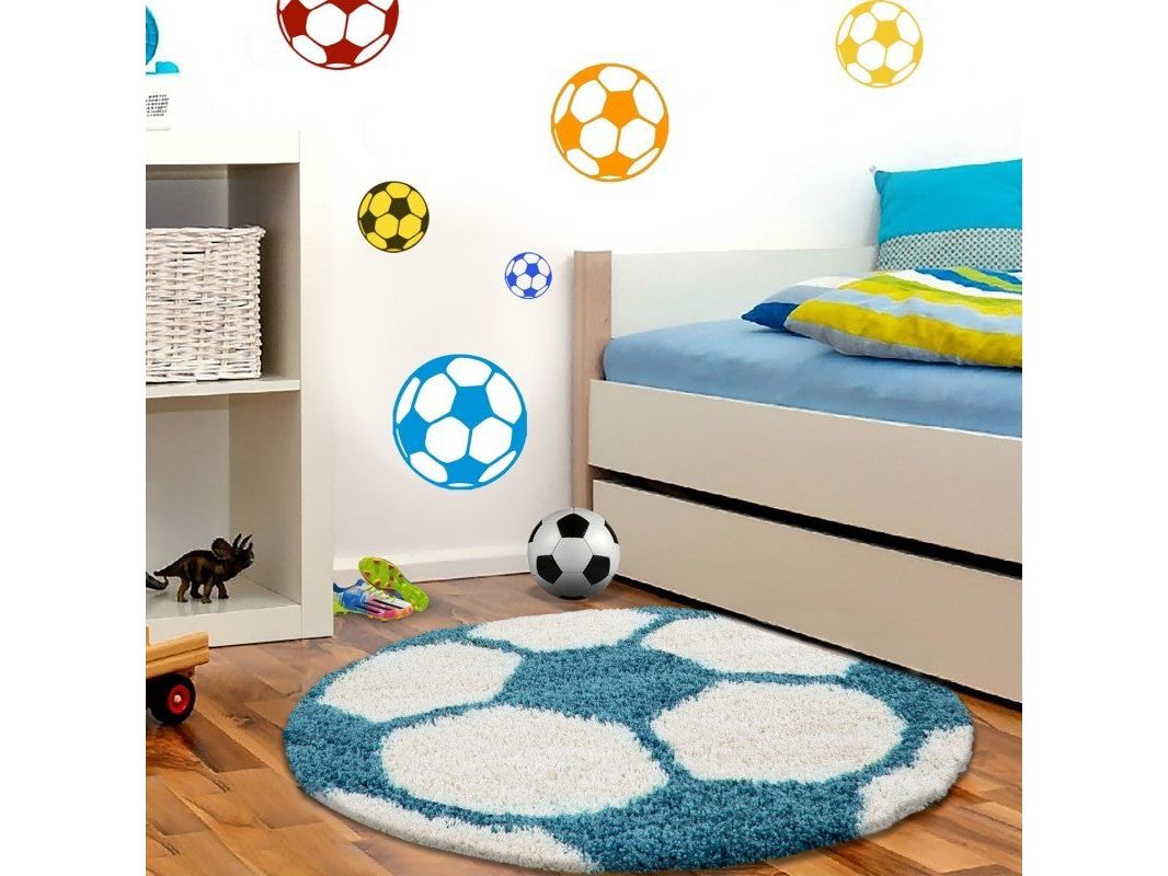 Kinderteppich für Kinderzimmer Fussball form Hochflor Teppich Türkis-Weiss