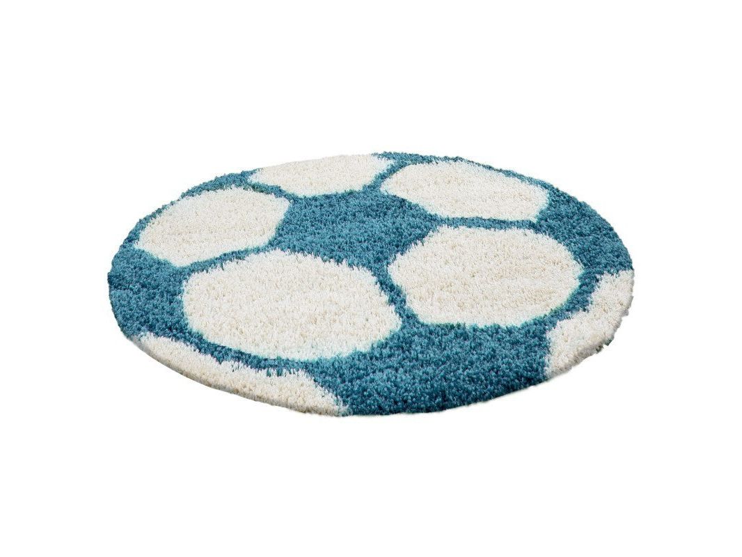 Kinderteppich für Kinderzimmer Fussball form Hochflor Teppich Türkis-Weiss