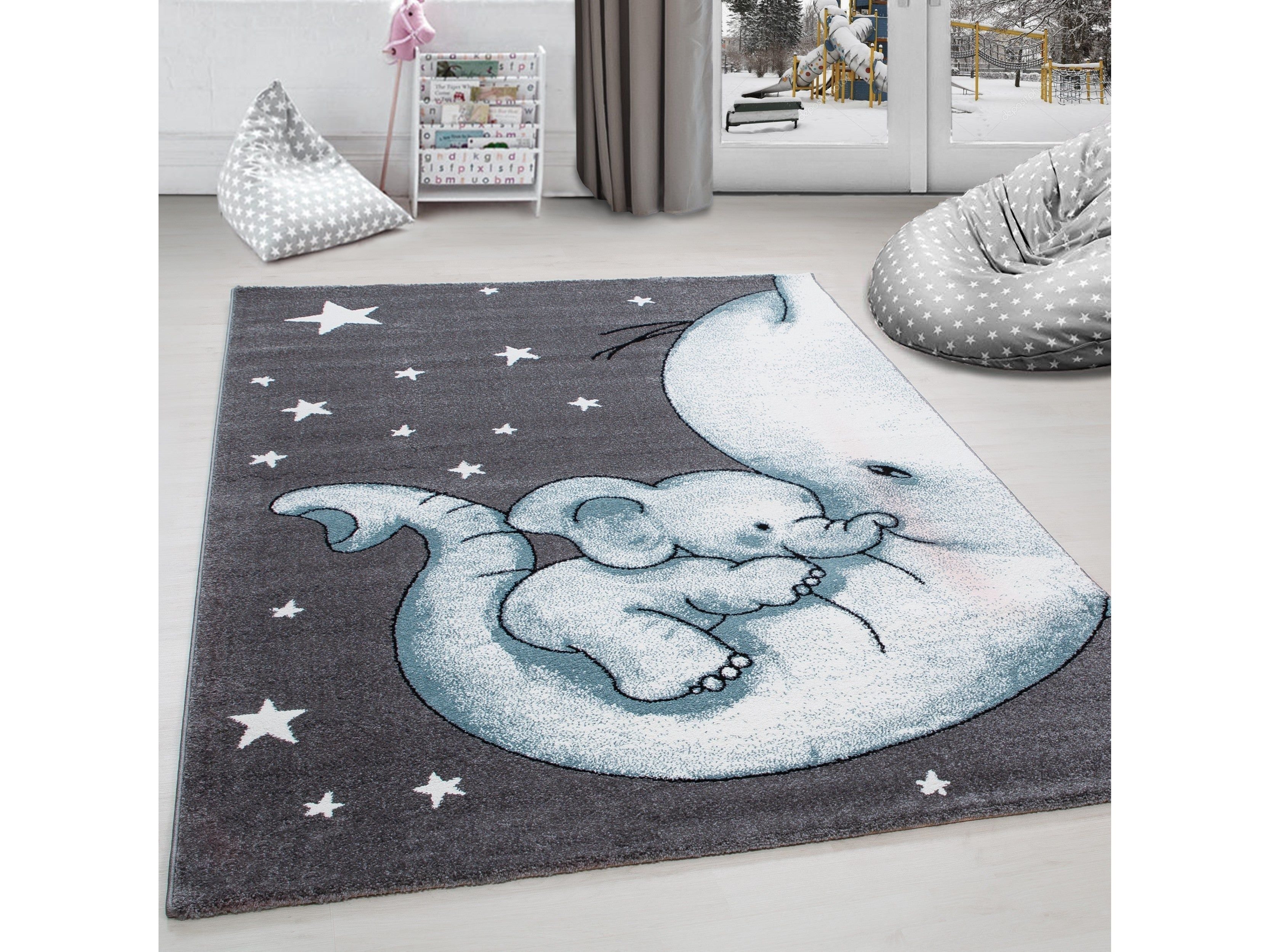 Kinderteppich Kinderzimmer Teppich niedlicher Elefantenbaby Stern Grau-Weiß-Blau