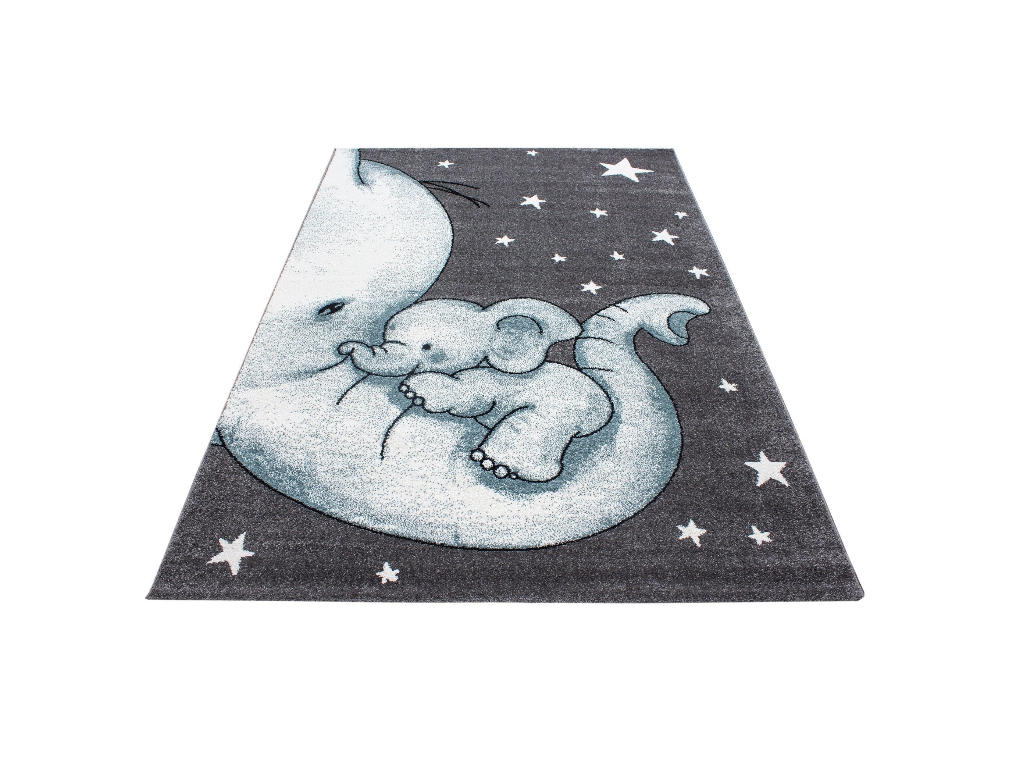 Kinderteppich Kinderzimmer Teppich niedlicher Elefantenbaby Stern Grau-Weiß-Blau