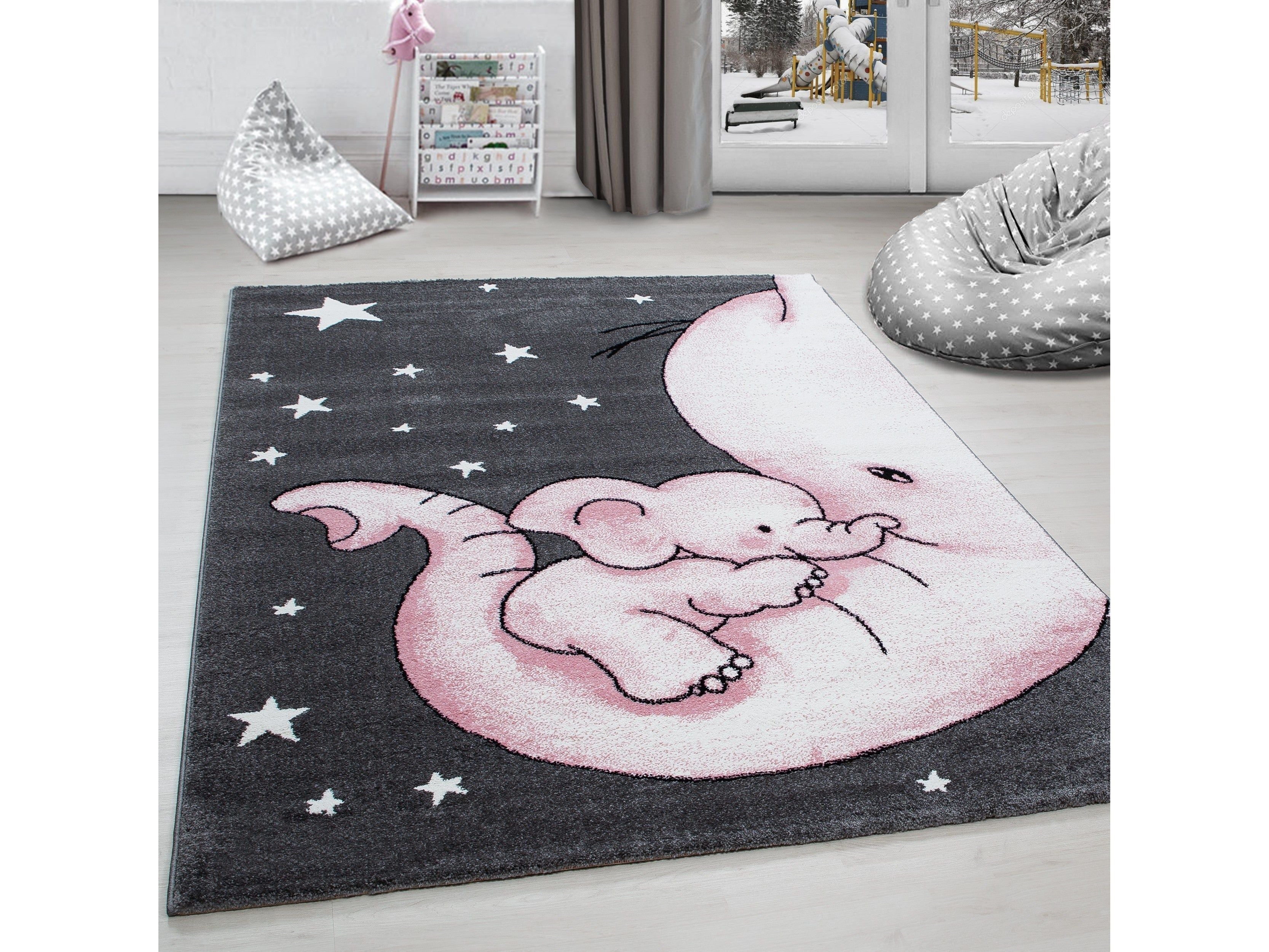 Kinderteppich Kinderzimmer Teppich niedlicher Elefantenbaby Stern Grau-Weiß-Pink
