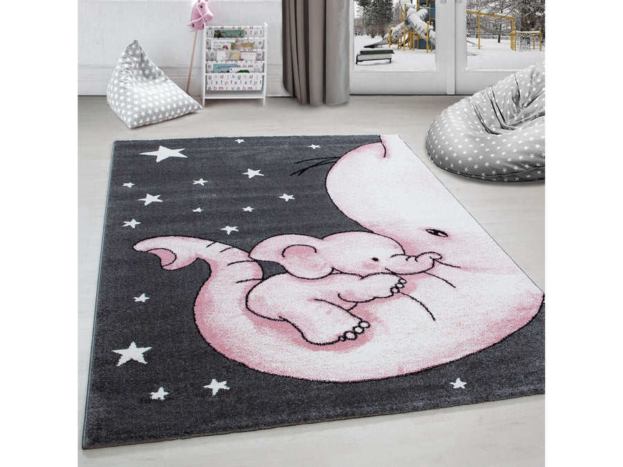 Kinderteppich Elefant & Sterne – Grau Weiß Pink